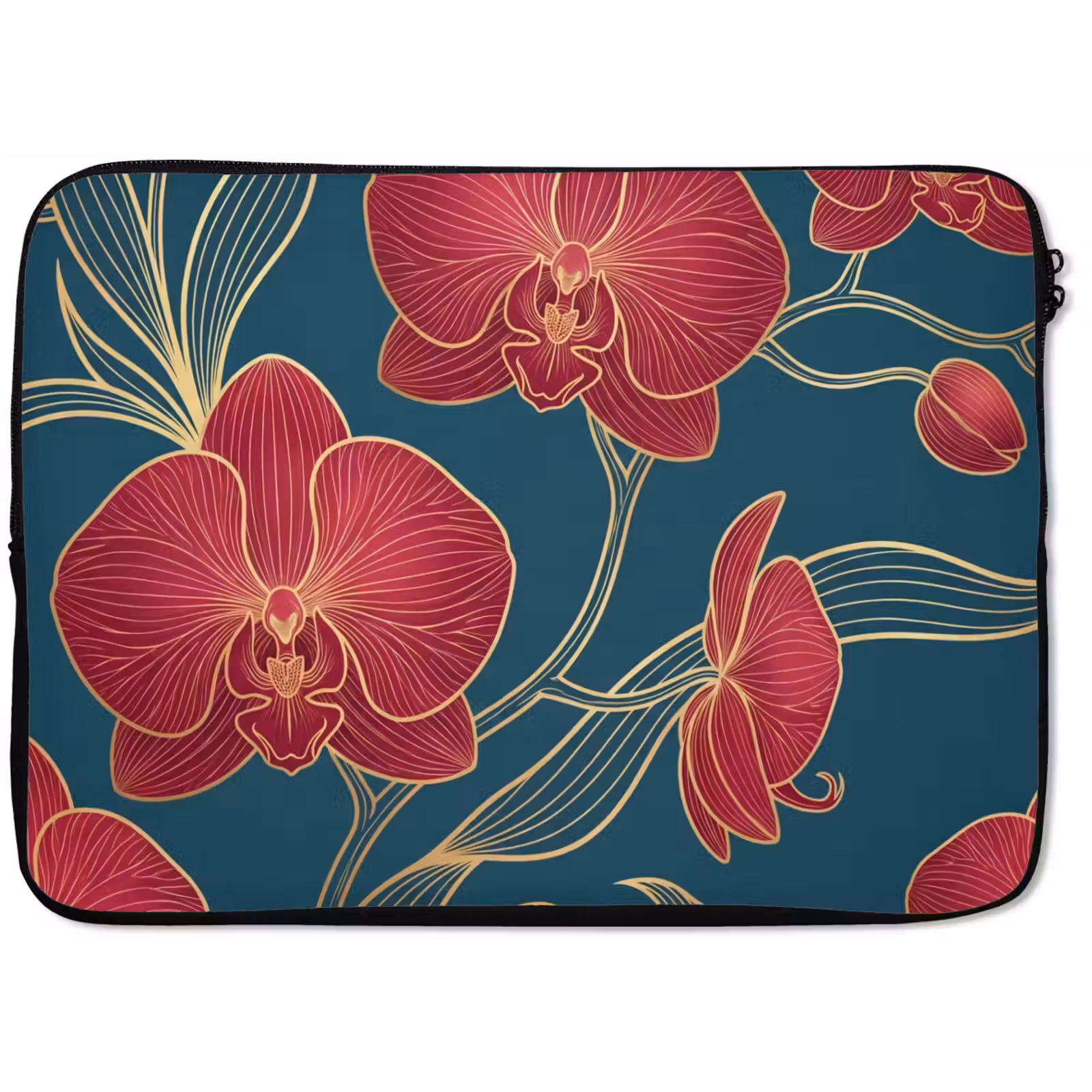 Laptophoes Bloemen - Rood - Goud - Bloemen - Rood - Goud laptophoes neopreen klein