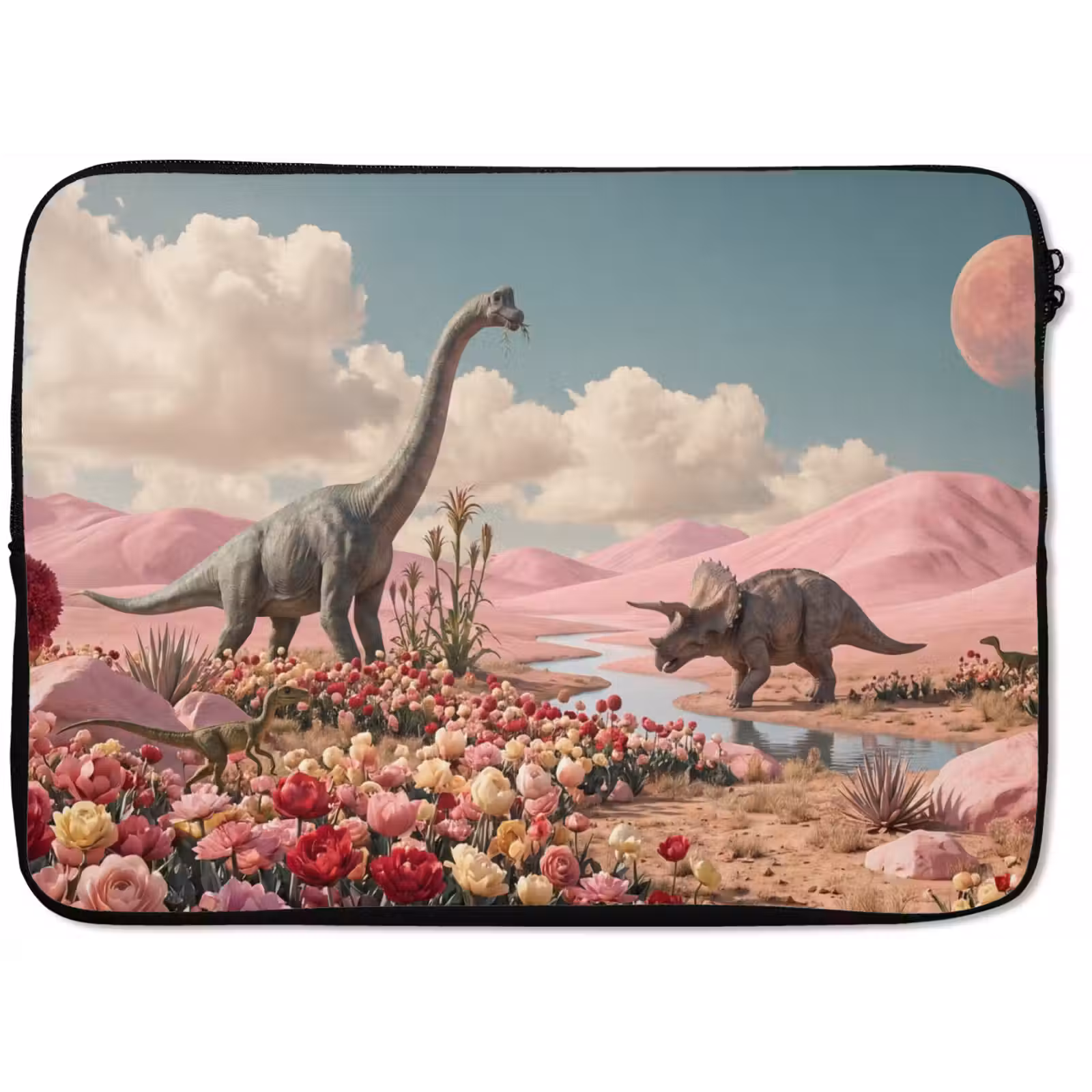 Laptophoes Dinosaurus - Roze - Landschap - Dinosaurus - Roze - Landschap laptophoes neopreen klein