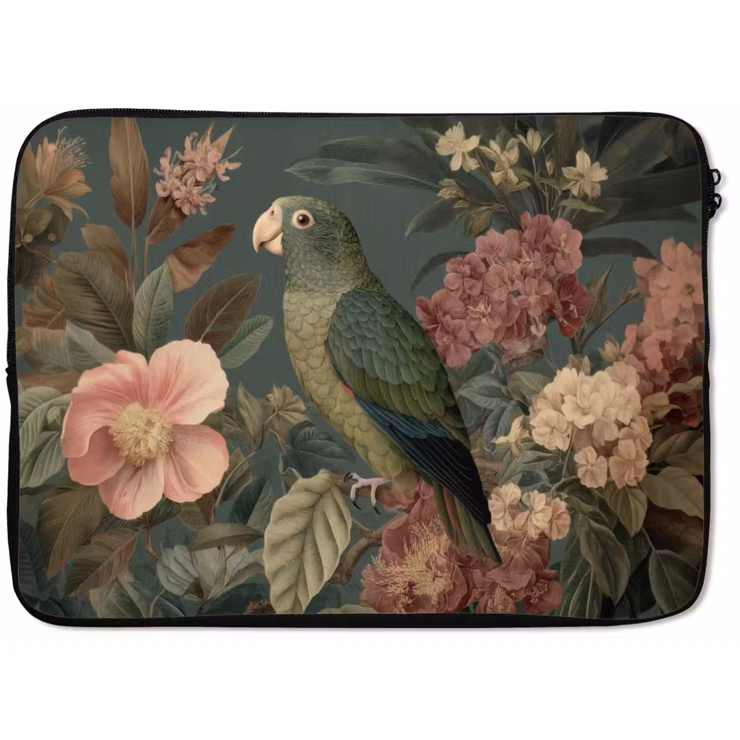 Groene papegaai - Kleurrijke bloemen - Donkere achtergrond laptophoes neopreen klein -zkaufland3dotto