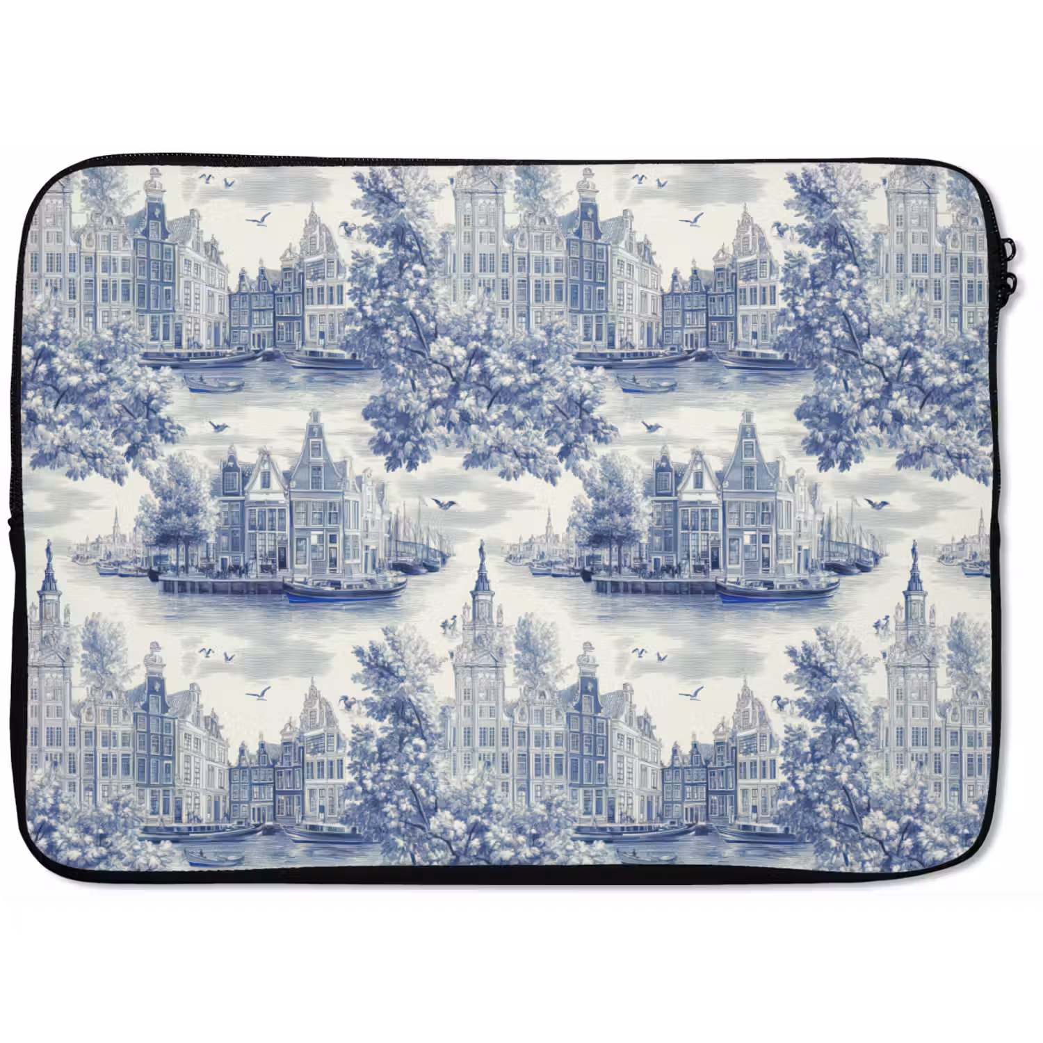Huizen - Bomen - Water - Vogels - Blauw laptophoes neopreen klein 279 -zkaufland3dotto