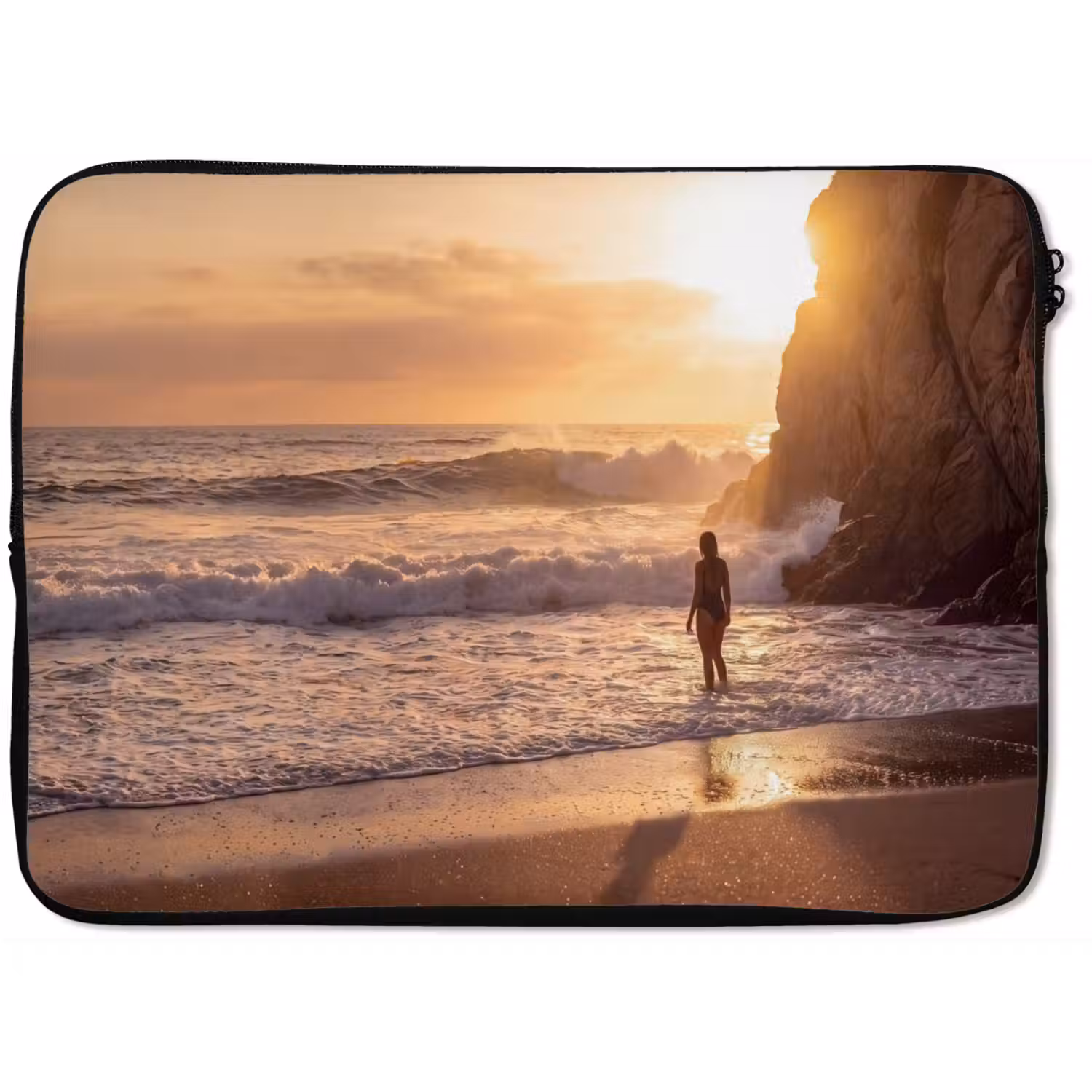 Mensen - Oceaan - Zonsondergang - Kust - Goud laptophoes neopreen klein -zkaufland3dotto