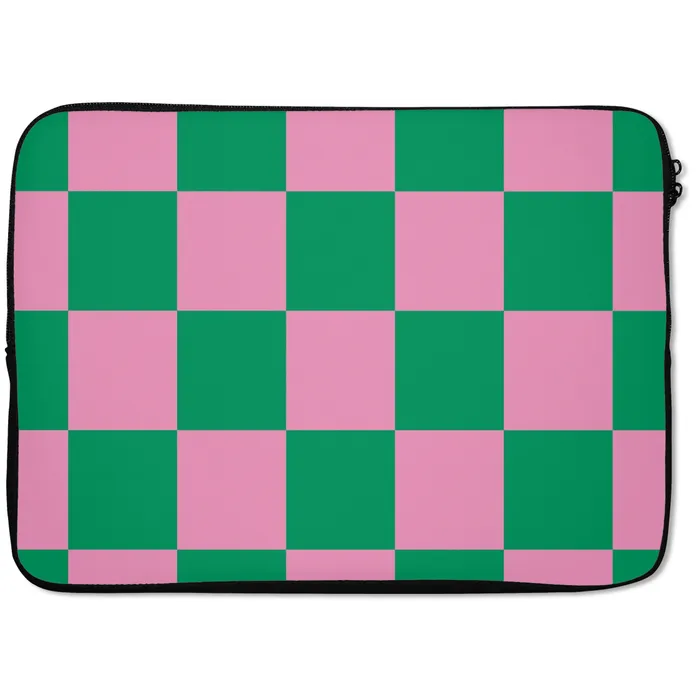 Schaakbord patroon - Groen - Roze - Blokjes laptophoes neopreen klein -zkaufland3dotto