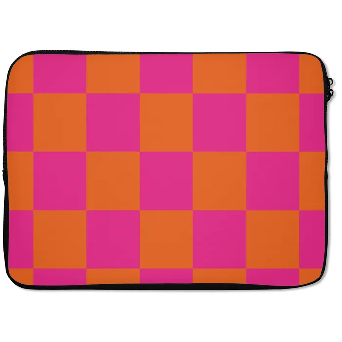 Schaakbord print - Oranje - Roze - Blokjes laptophoes neopreen klein -zkaufland3dotto