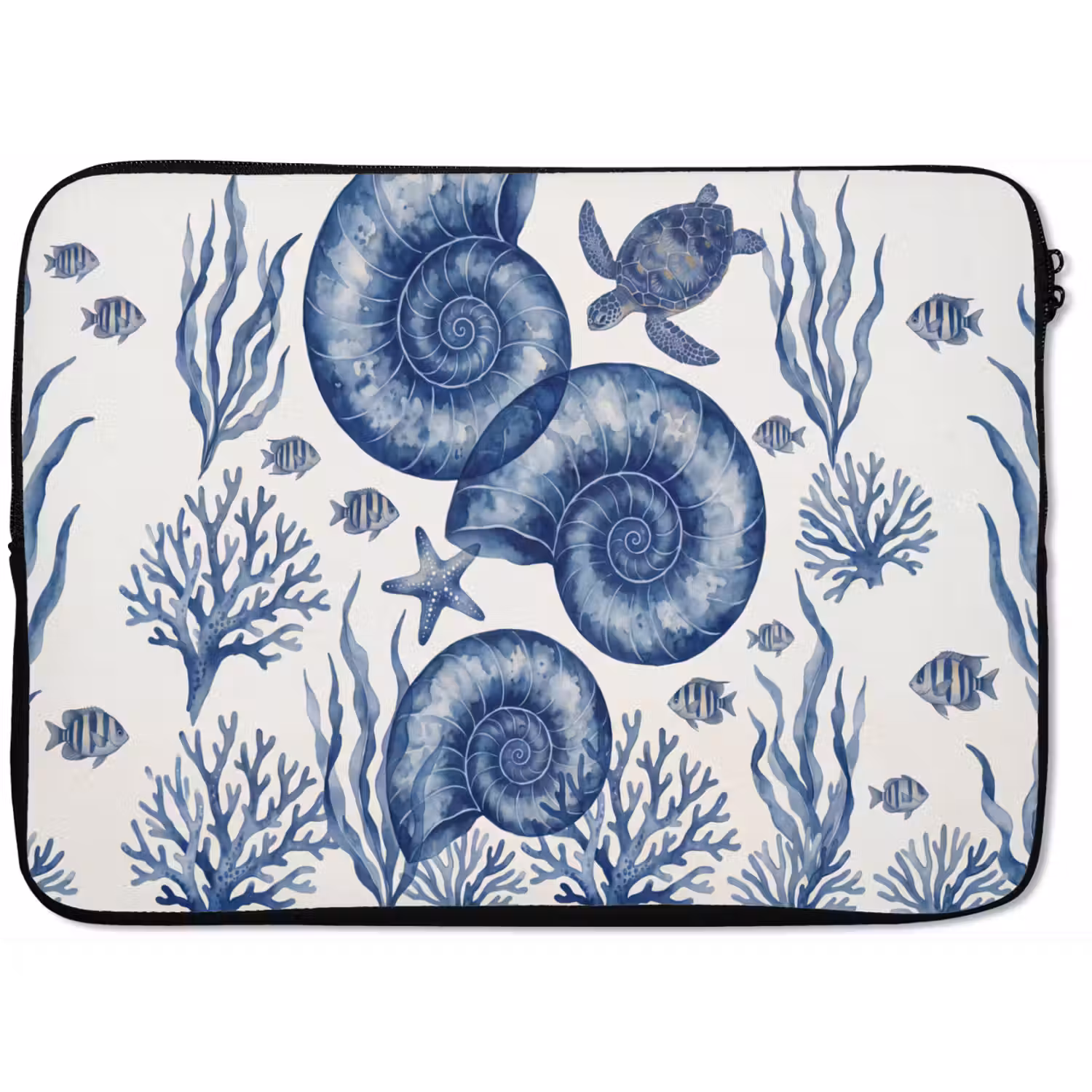 Schelp - Spiraal - Zeeleven - Aquarel - Blauw laptophoes neopreen klein -zkaufland3dotto