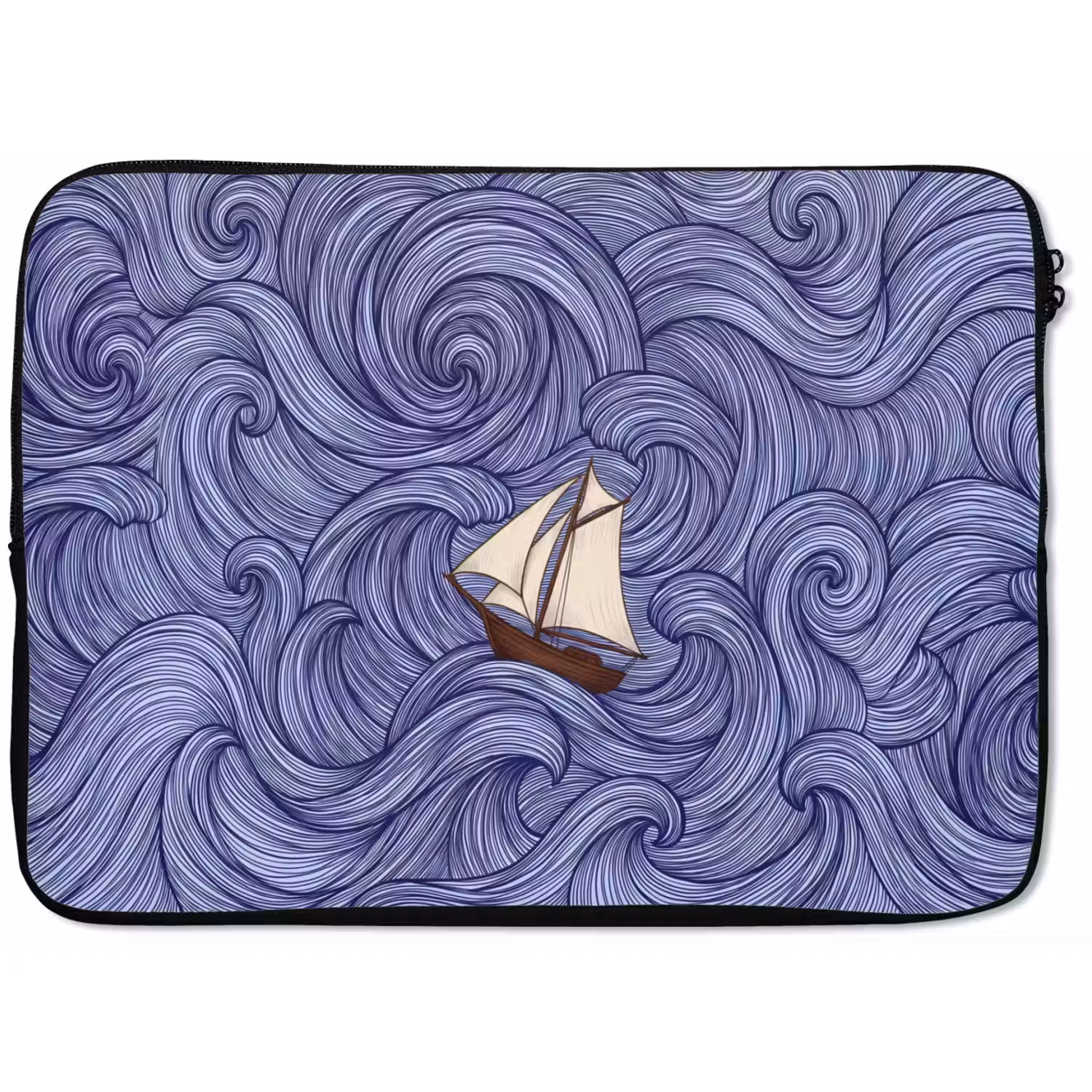 Schip - Golven - Zee - Illustratie - Blauw laptophoes neopreen klein -zkaufland3dotto