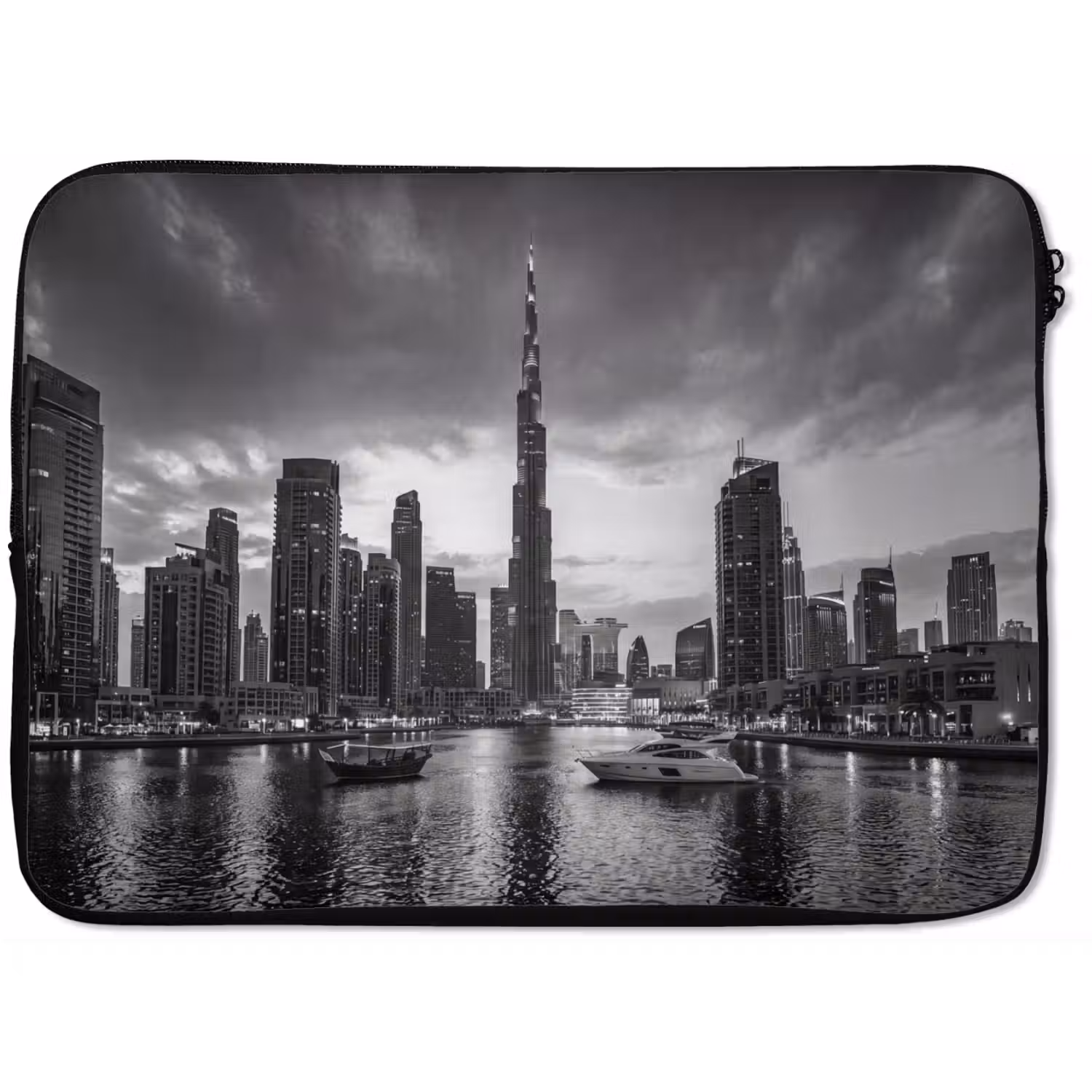 Stad - Skyline - Architectuur - Avond - Zwart-wit laptophoes neopreen klein -zkaufland3dotto