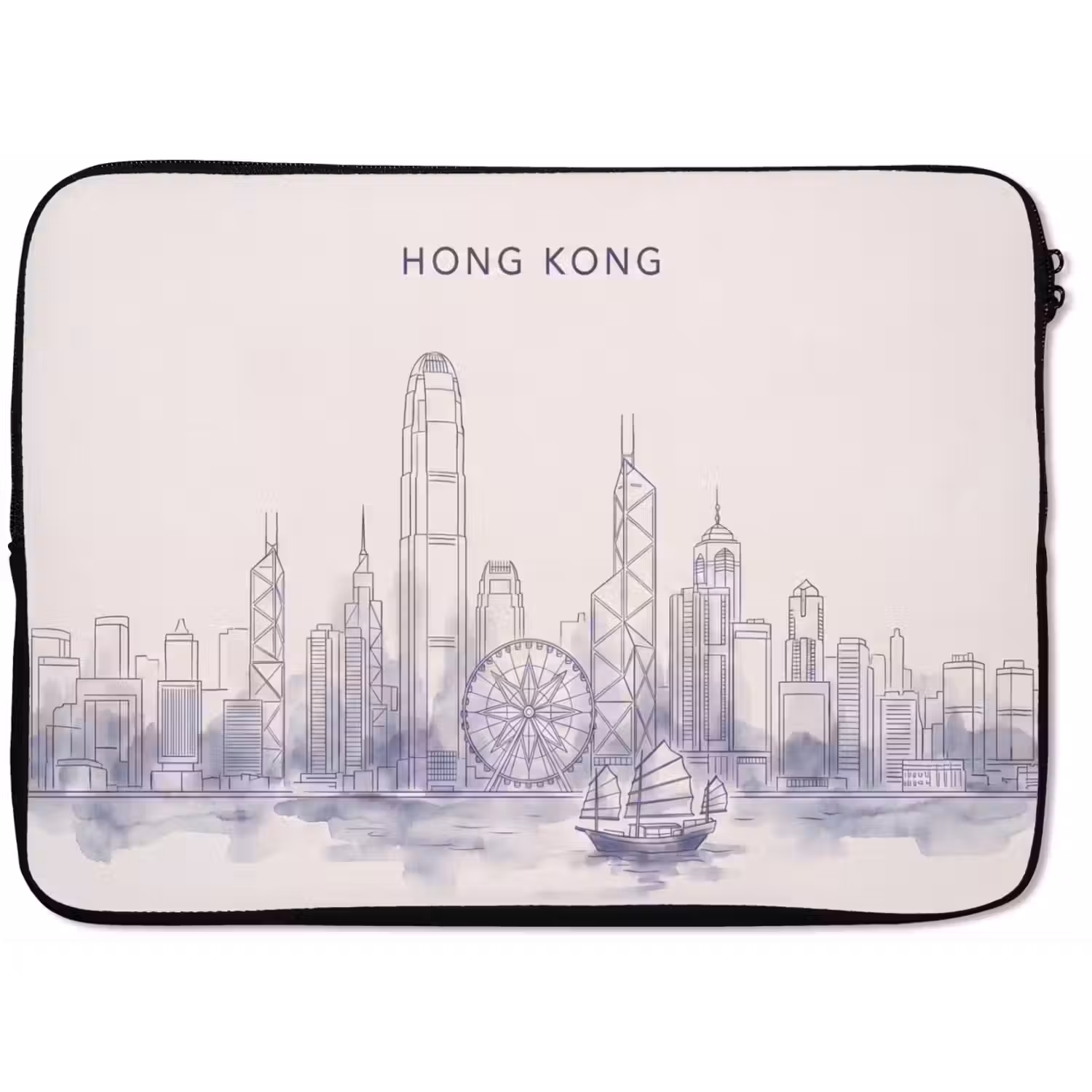 Stad - Skyline - Water - Lijntekening - Blauw laptophoes neopreen klein -zkaufland3dotto