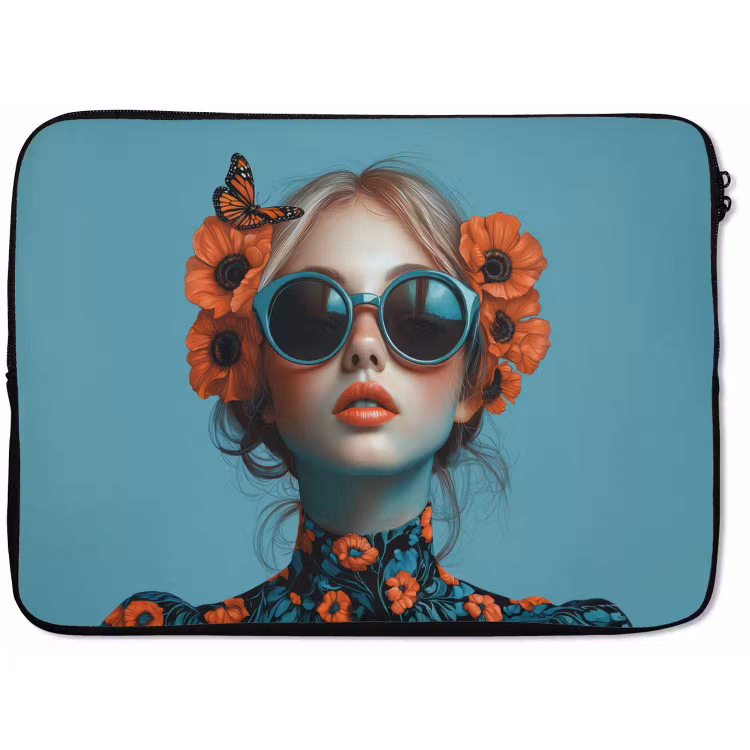 Vrouw - Blauw - Vlinder - Bloemen - Aesthetic laptophoes neopreen klein -zkaufland3dotto