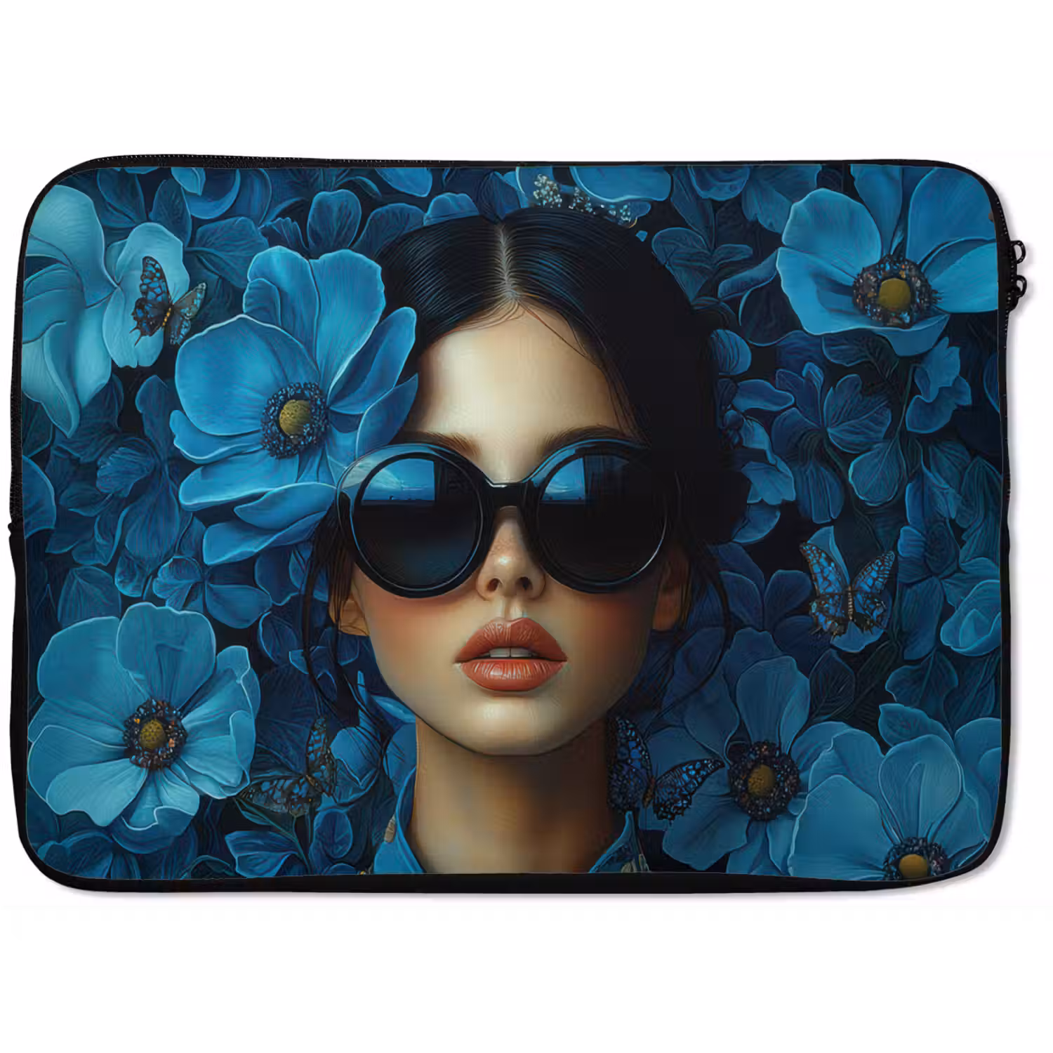 Vrouw - Bloemen - Blauw - Aesthetic - Luxe laptophoes neopreen klein -zkaufland3dotto
