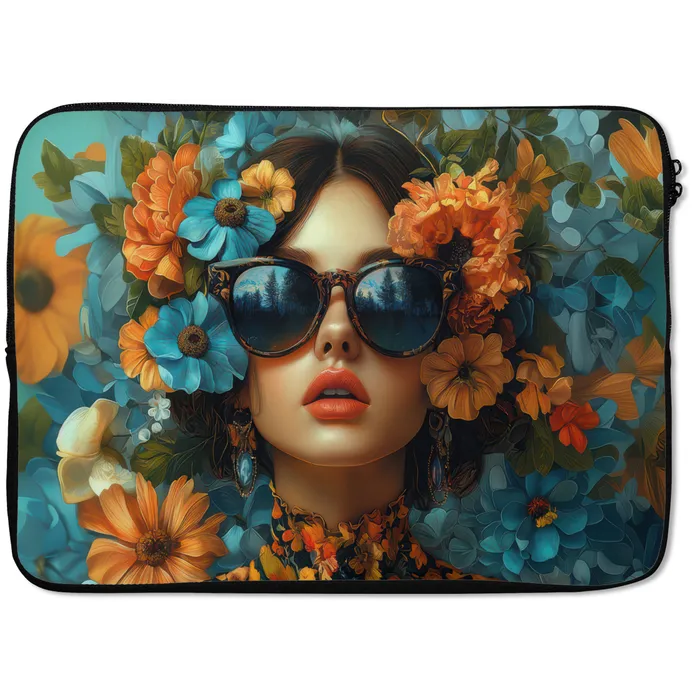 Vrouw - Bloemen - Oranje - Blauw - Modern laptophoes neopreen klein -zkaufland3dotto