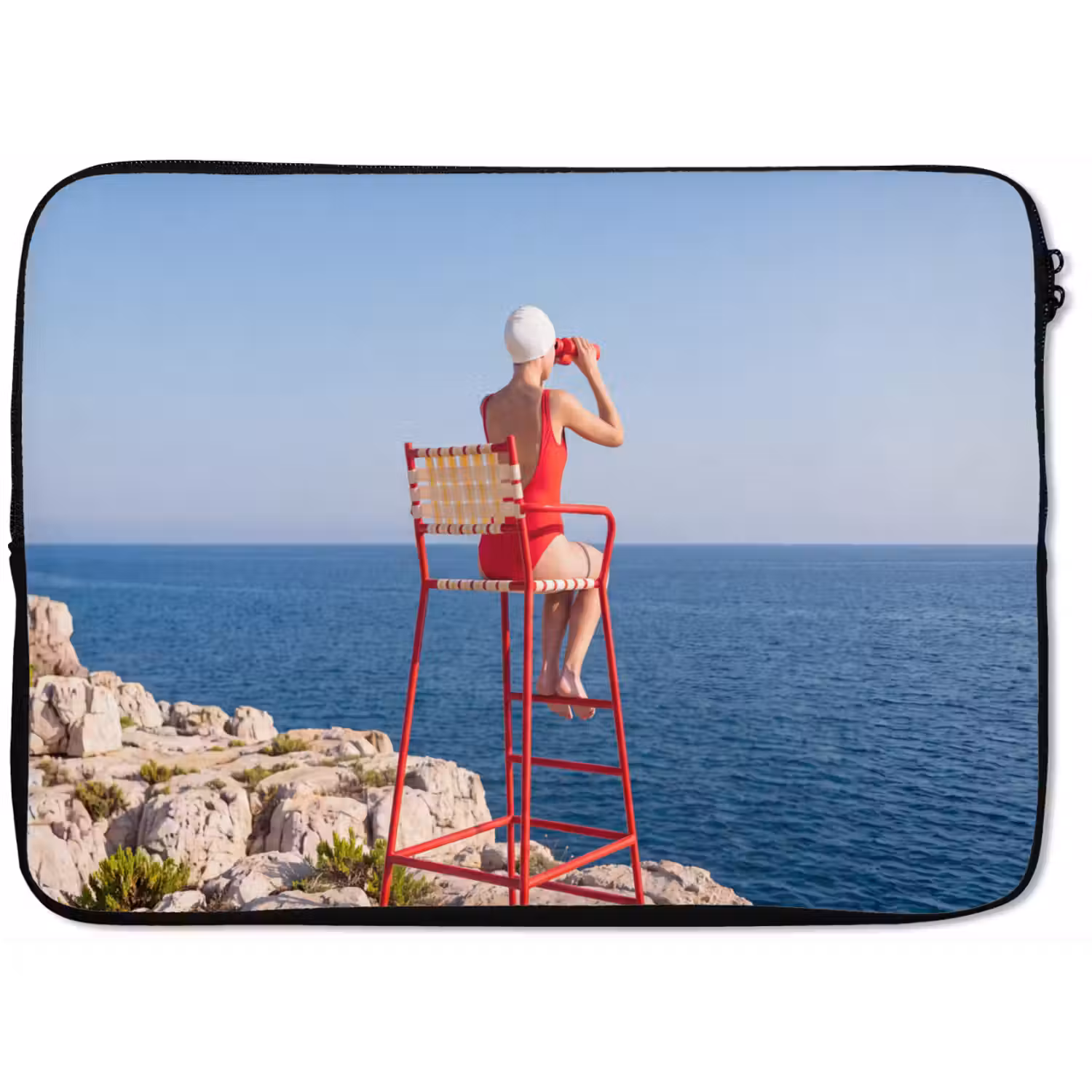 Vrouw - Zee - Kust - Verrekijker - Rood laptophoes neopreen klein -zkaufland3dotto