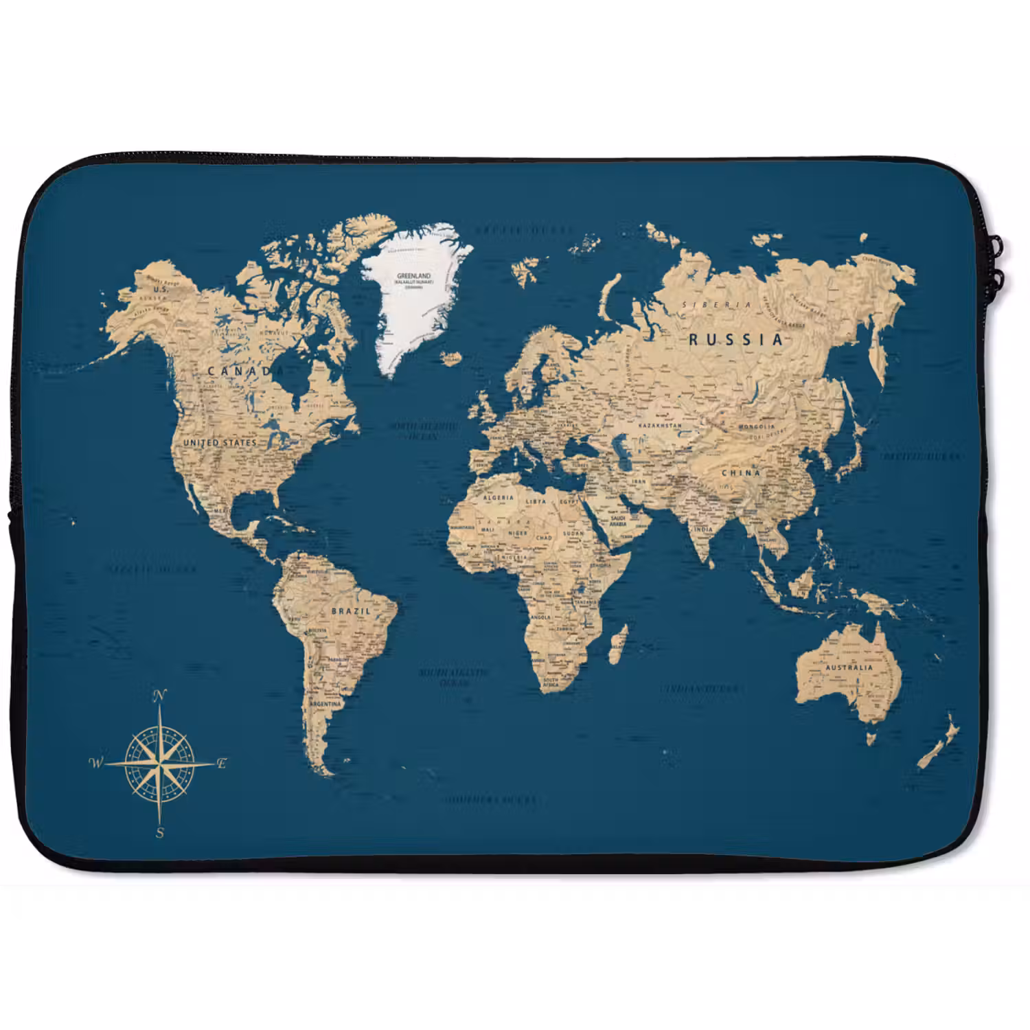 Wereldkaart - Donkerblauw - Beige laptophoes neopreen klein -zkaufland3dotto