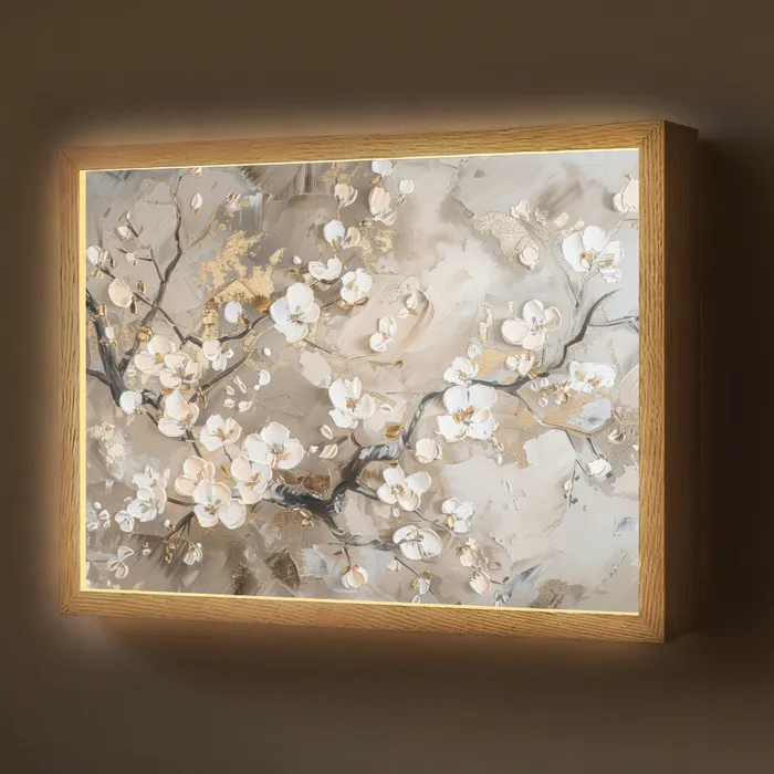 Bloemen - Wit - Goud - Beige - Luxe Light Box met batterij (Wandlamp) middel -z3d_website