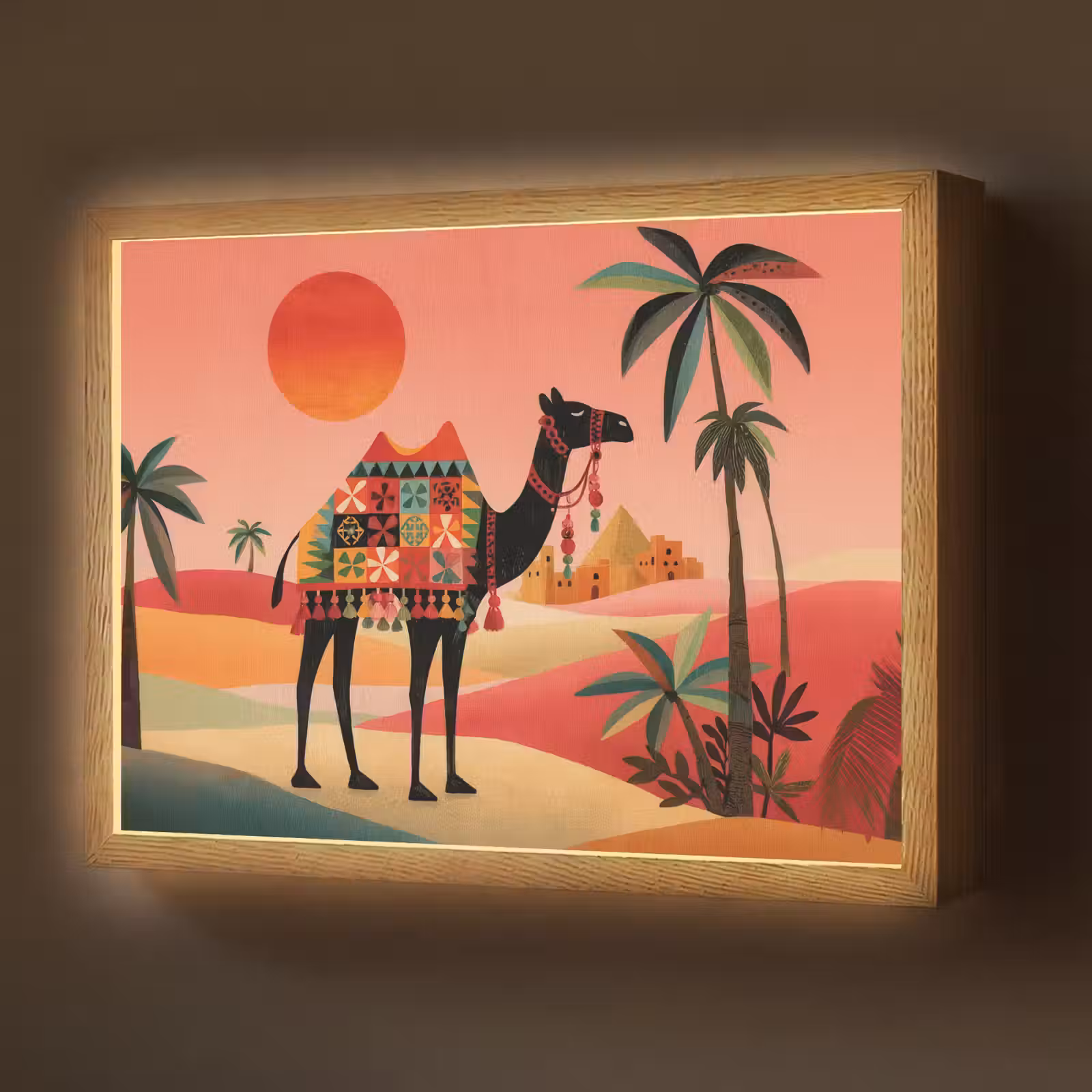 Kameel - Gekleurd tapijt - Duinen - Rode zon Light Box met batterij (Wandlamp) middel -z3d_website