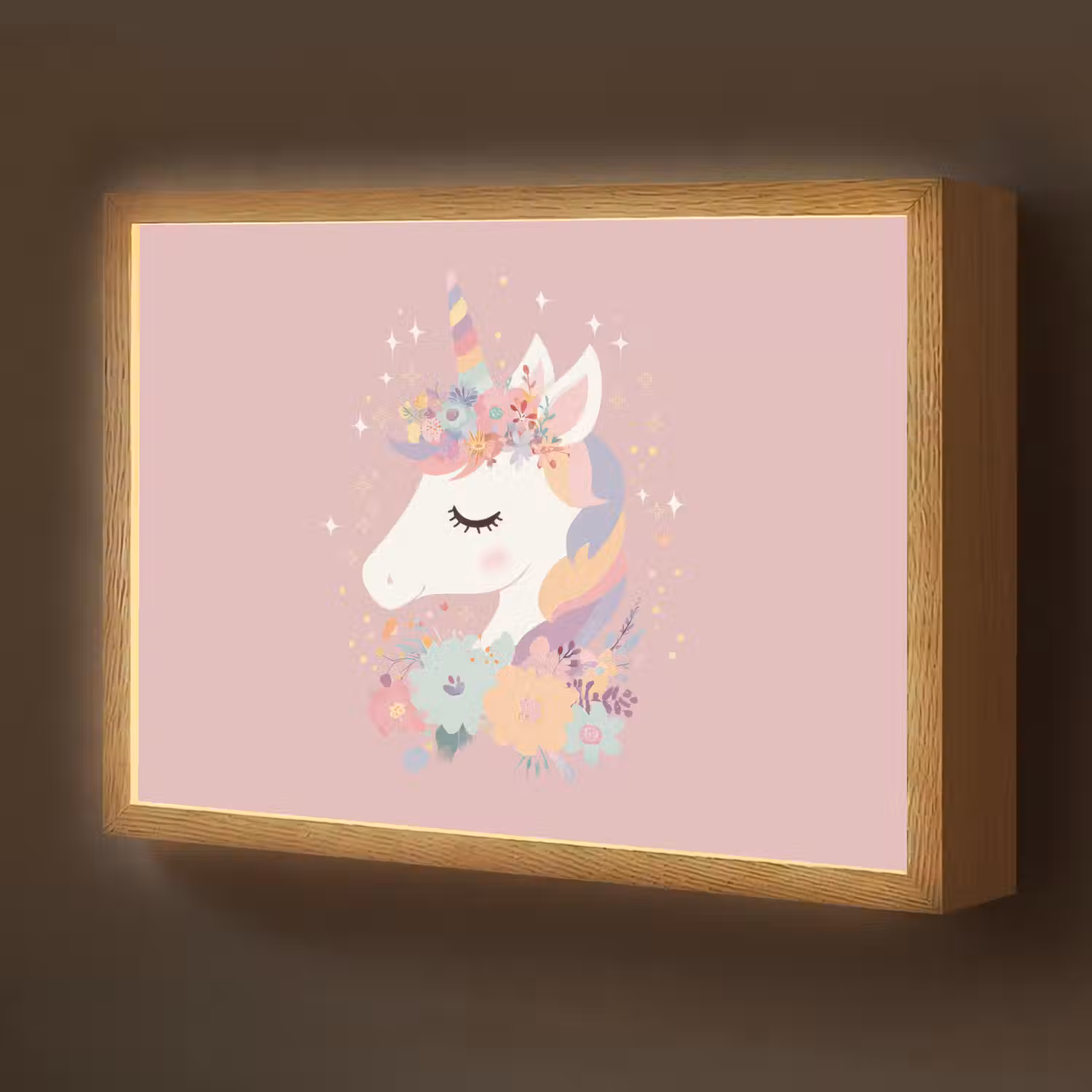 Eenhoorn - Roze - Bloemen Light Box met batterij (Wandlamp kind) middel -z3d_website