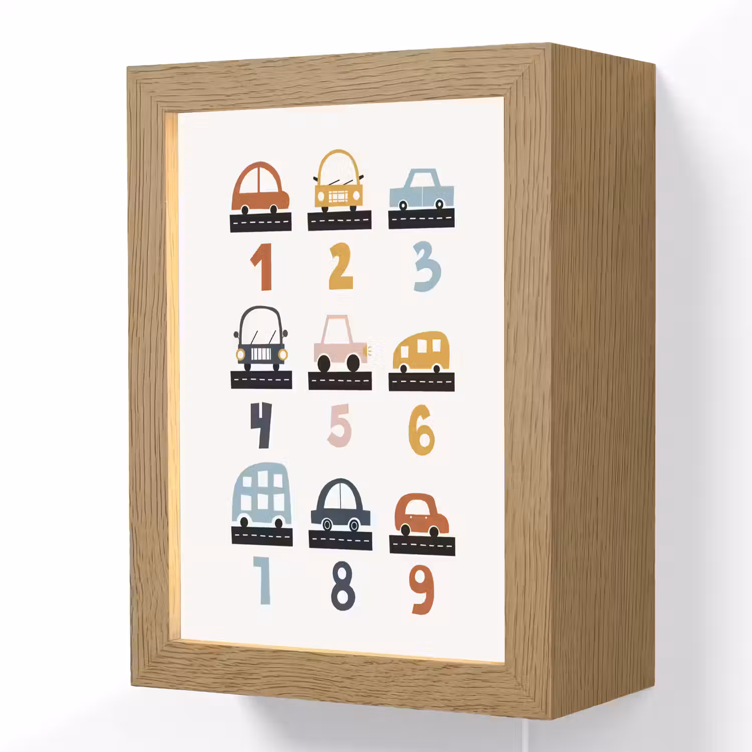 Getallen - Educatief - Leren tellen - Cijfers oefenen voor kinderen - Auto's - Voertuigen Light Box met kabel (Wandlamp kind) klein -3d
