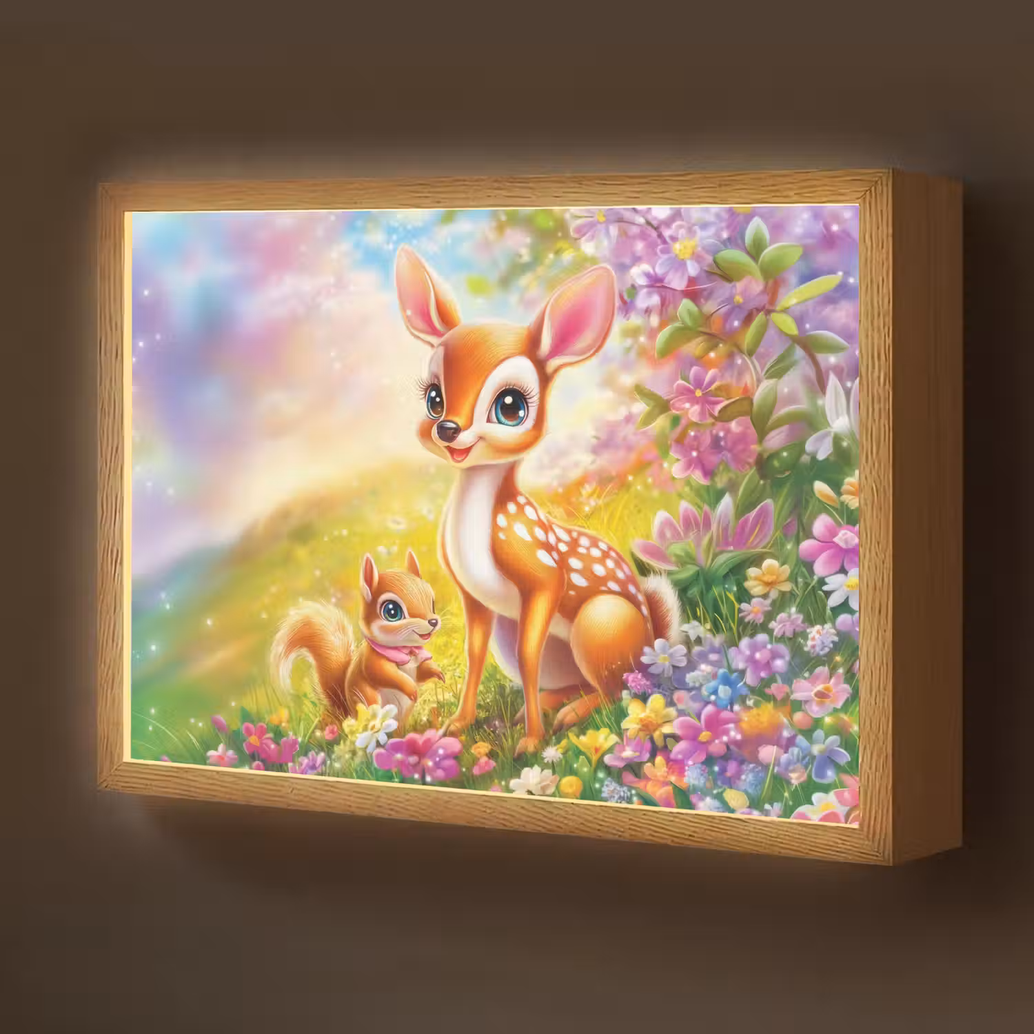 Hertje - Eekhoorn - Bloemenveld - Kleurrijk Light Box met batterij (Wandlamp kind) middel -z3d_website