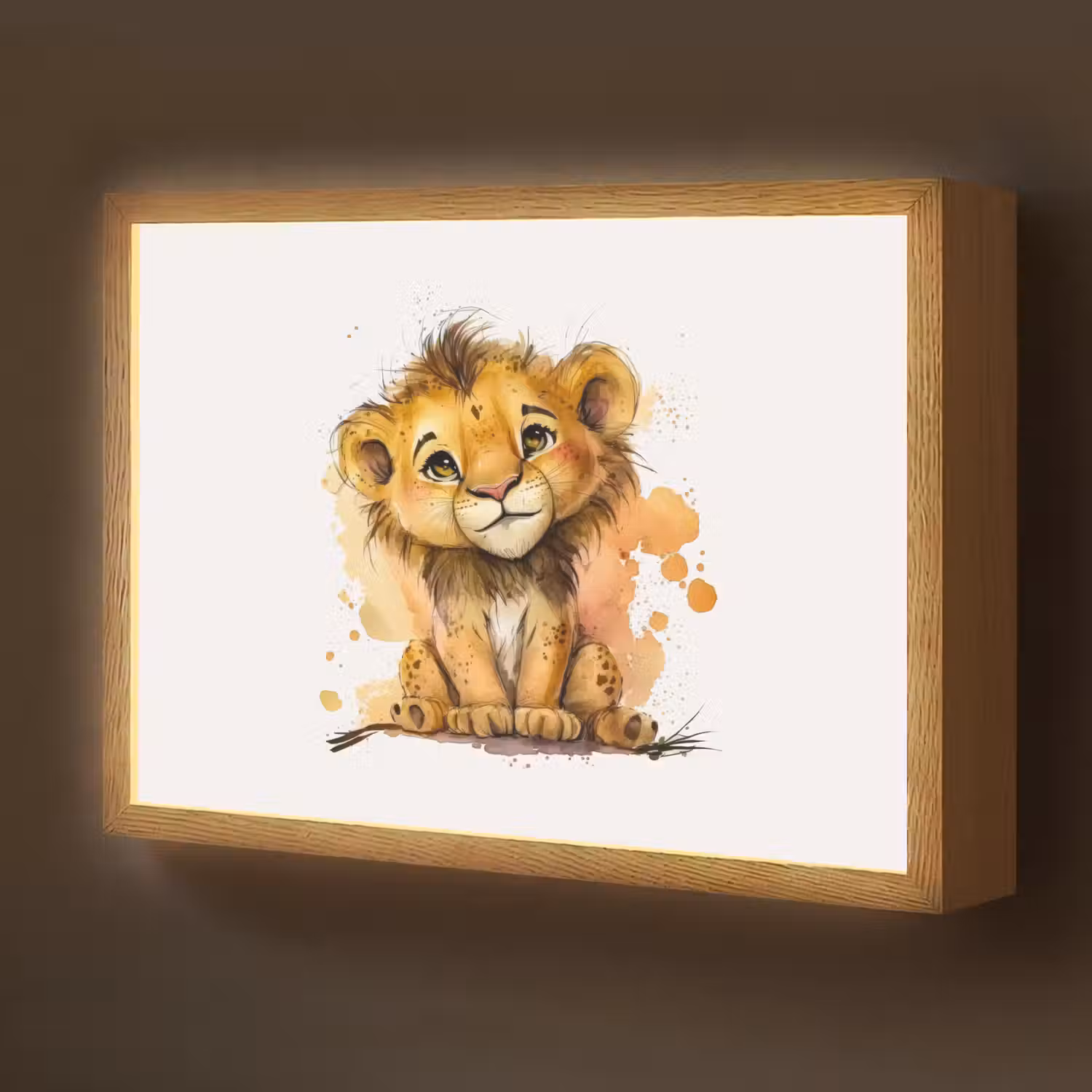 Leeuw - Waterverf - Bruin - Dieren - Meisjes - Jongens Light Box met batterij (Wandlamp kind) middel -z3d_website