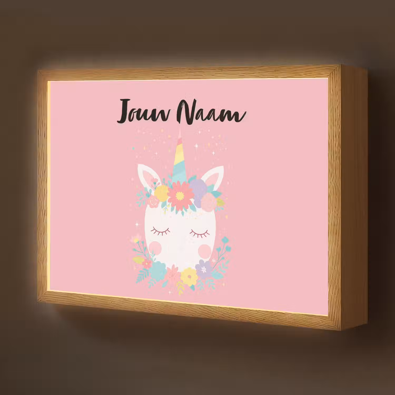 Eenhoorn - Bloemen - Roze Light Box met batterij (Wandlamp kind) middel -z3d_website