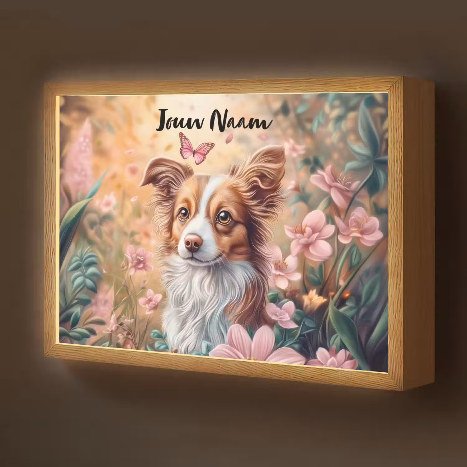 Hond - Bloemen - Roze Light Box met batterij (Wandlamp kind) middel -z3d_website