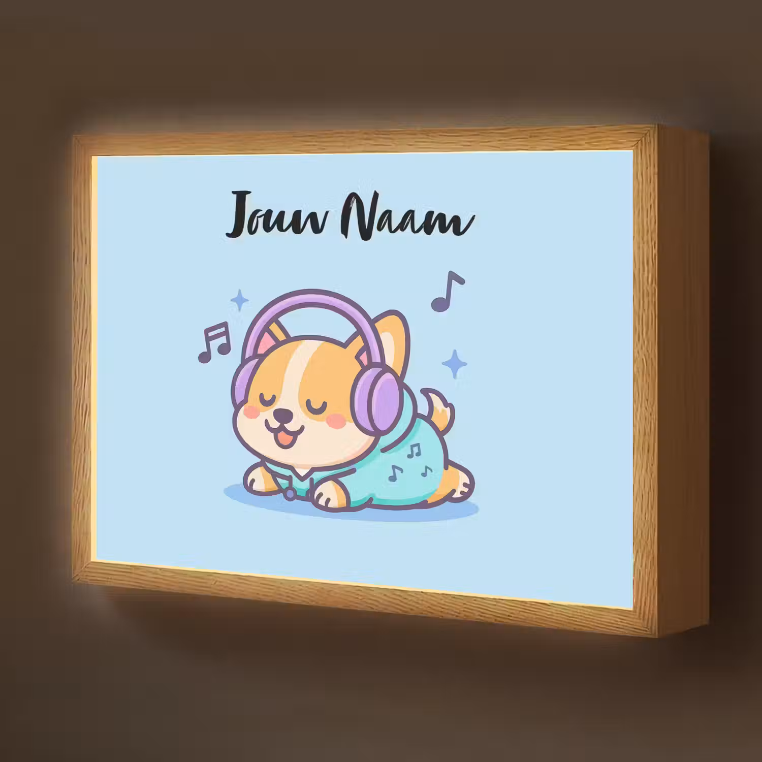 Hondje - Koptelefoon - Blauw - Muzieknoten Light Box met batterij (Wandlamp kind) middel -z3d_website