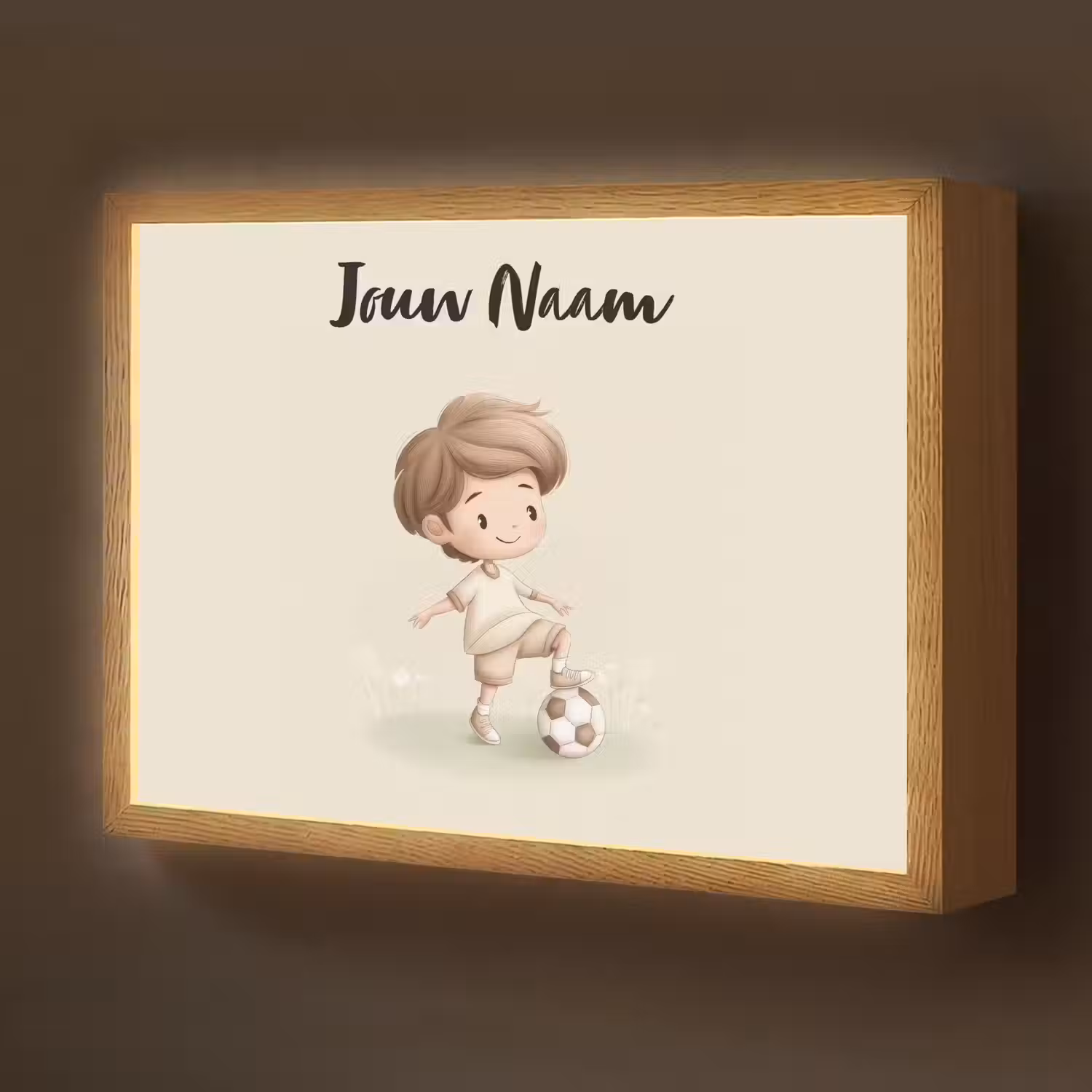 Jongen - Bruin - Voetbal - Minimalistisch Light Box met batterij (Wandlamp kind) middel -z3d_website