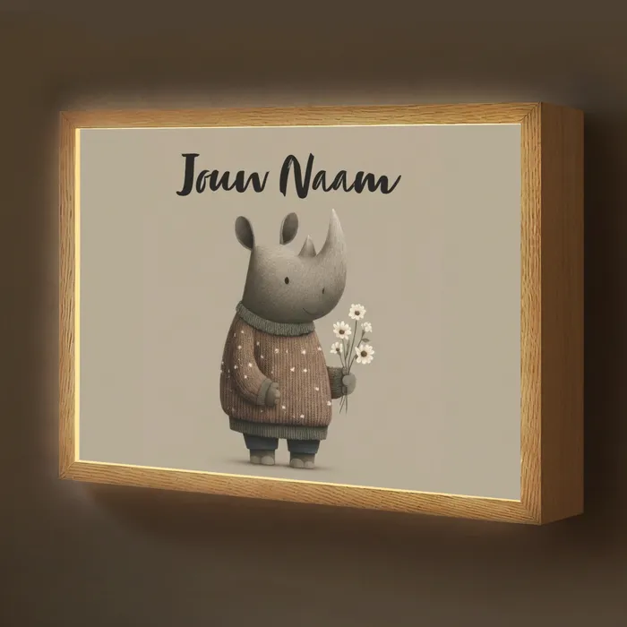 Neushoorn - Witte bloemen - Lief Light Box met batterij (Wandlamp kind) middel -z3d_website