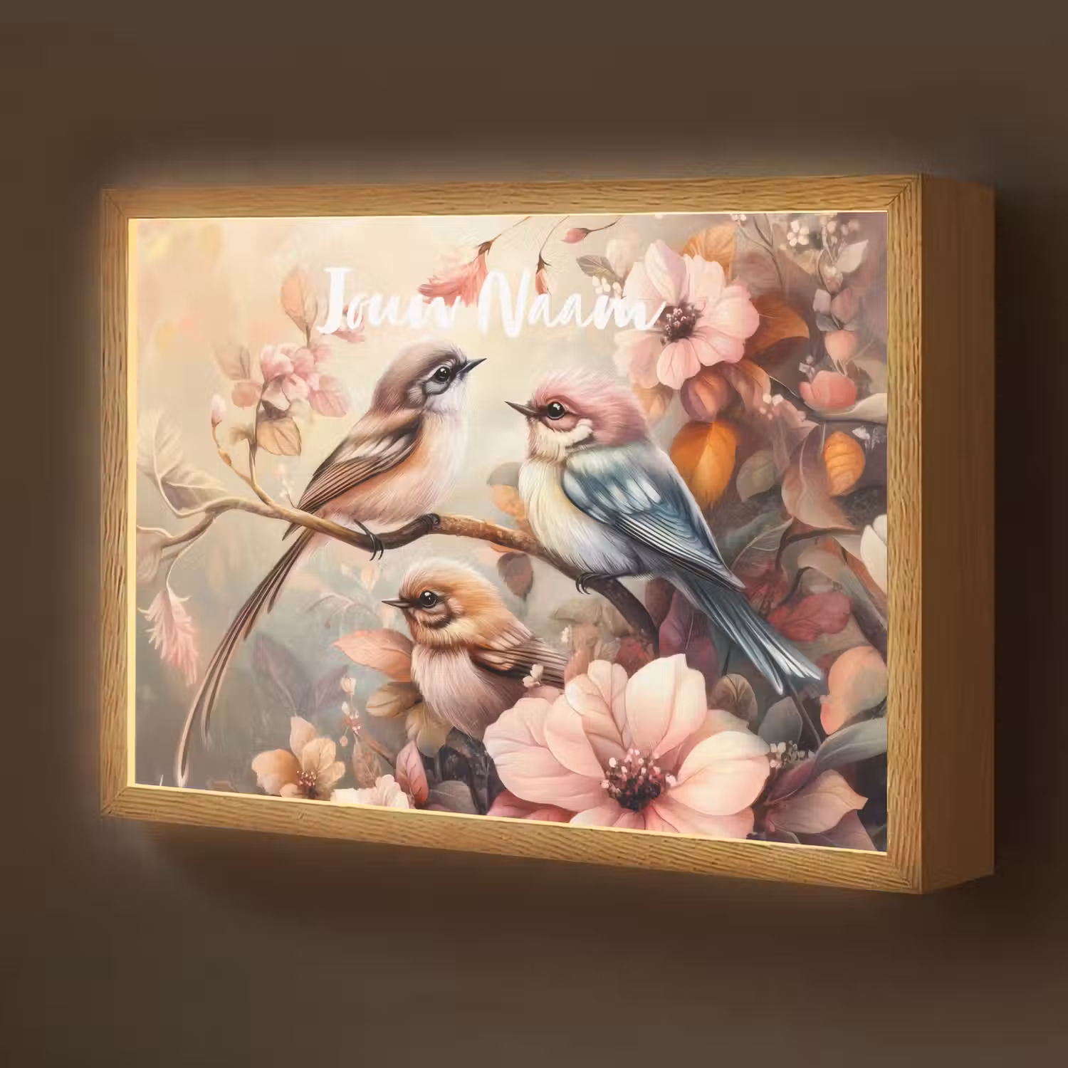 Vogels - Bloemen - Roze - Pastel Light Box met batterij (Wandlamp kind) middel -z3d_website