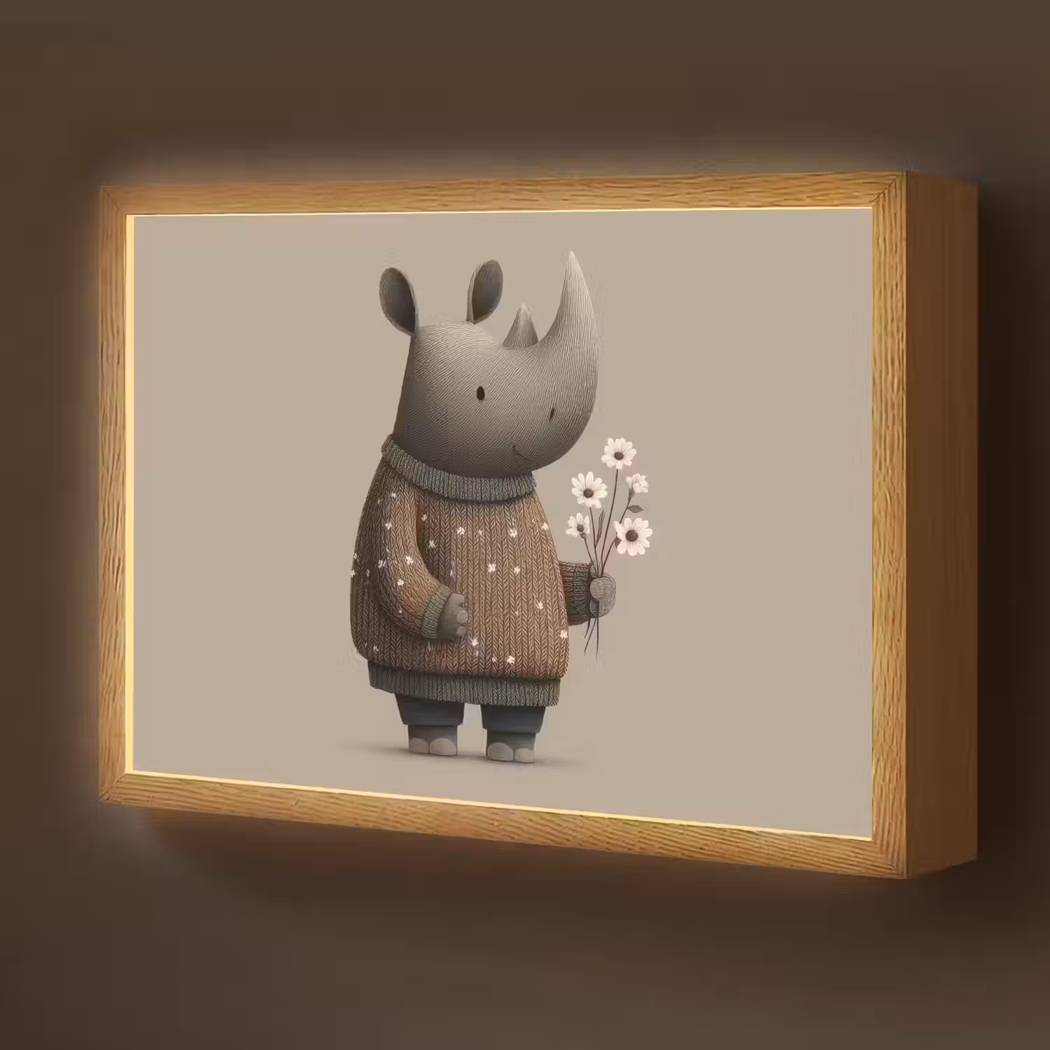 Neushoorn - Witte bloemen - Lief Light Box met batterij (Wandlamp kind) middel -z3d_website