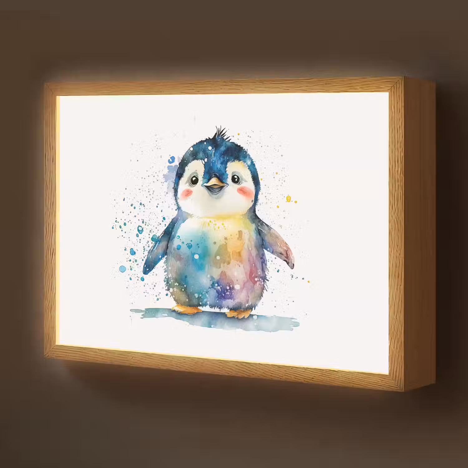 Pinguïn - Regenboog - Waterverf - Dieren - Kinderen Light Box met batterij (Wandlamp kind) middel -z3d_website