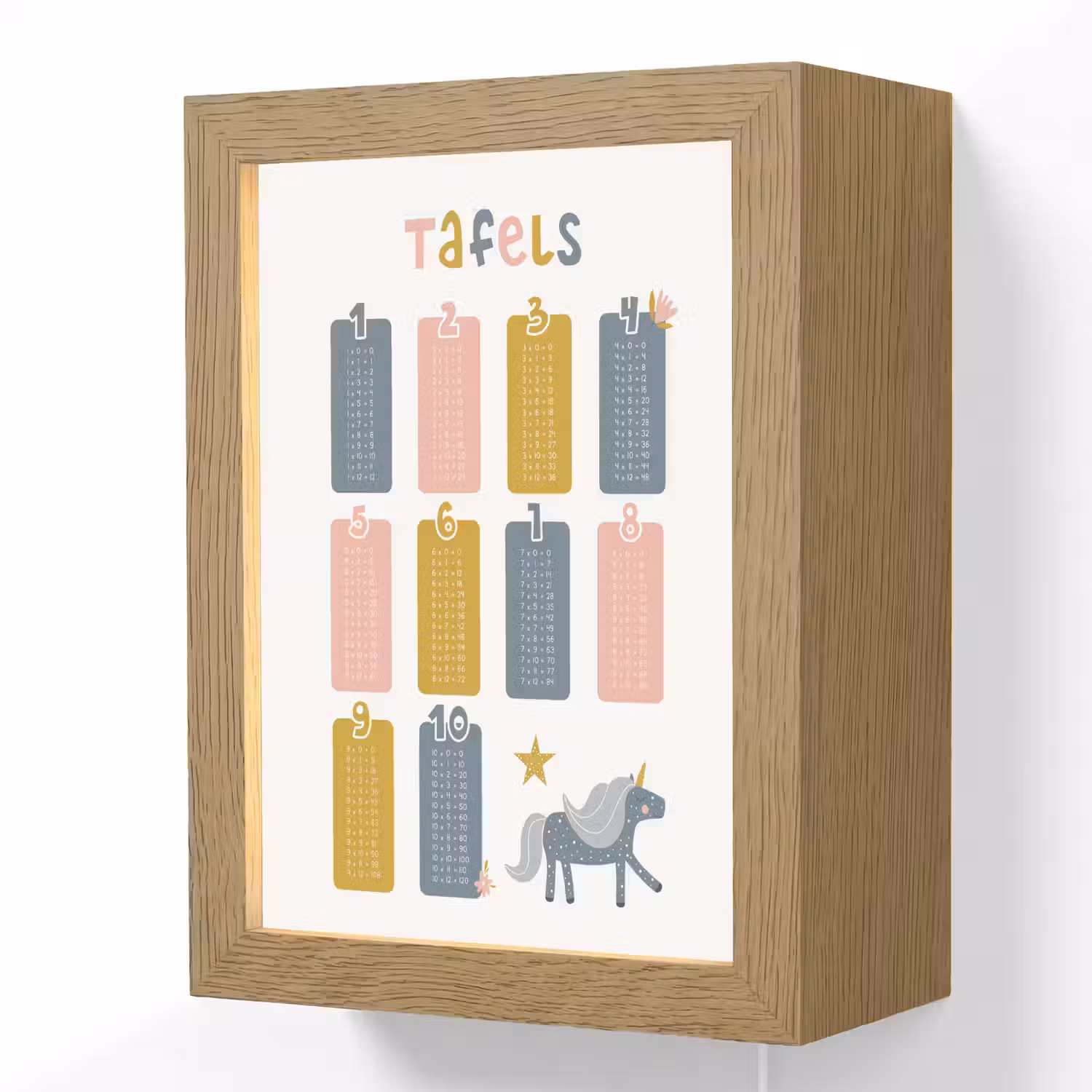 Tafels van vermenigvuldiging - Leren rekenen voor kinderen - Getallen oefenen - Cijfers - Eenhoorn Light Box met kabel (Wandlamp kind) klein -3d