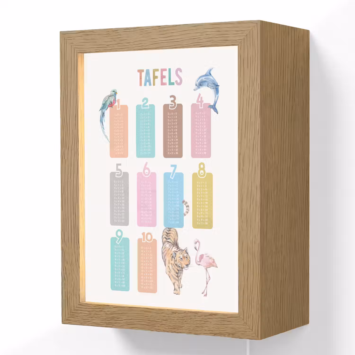 Tafels van vermenigvuldiging - Leren rekenen voor kinderen - Getallen oefenen - Dieren Light Box met kabel (Wandlamp kind) klein -3d