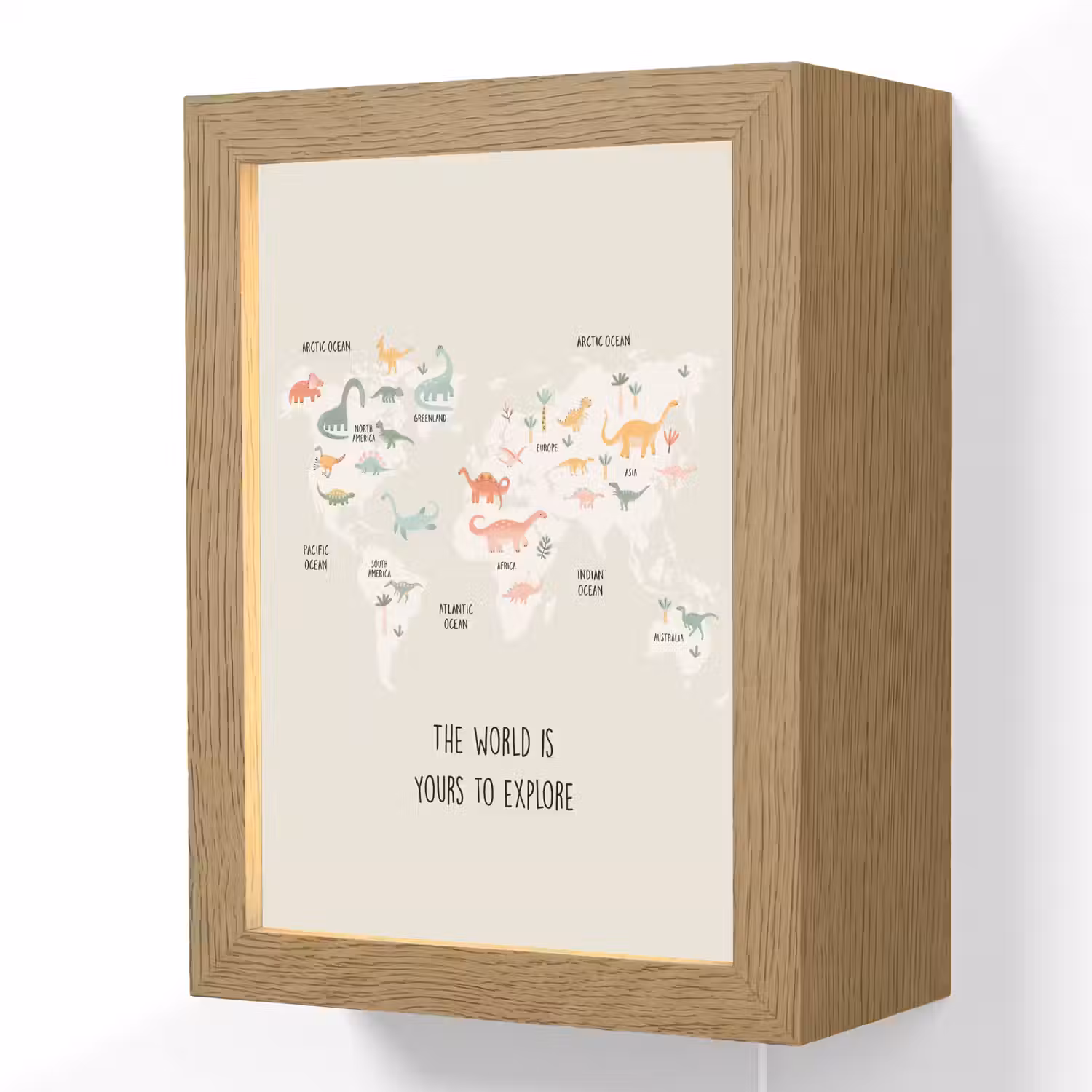 Wereldkaart - Dino - Kinderen - Dinosaurus Light Box met kabel (Wandlamp kind) klein -3d