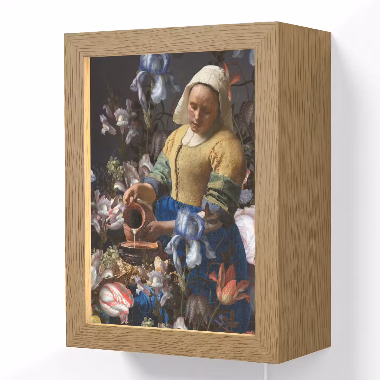 Melkmeisje - Johannes Vermeer - Bloemen Light Box met kabel (Wandlamp) klein -3d