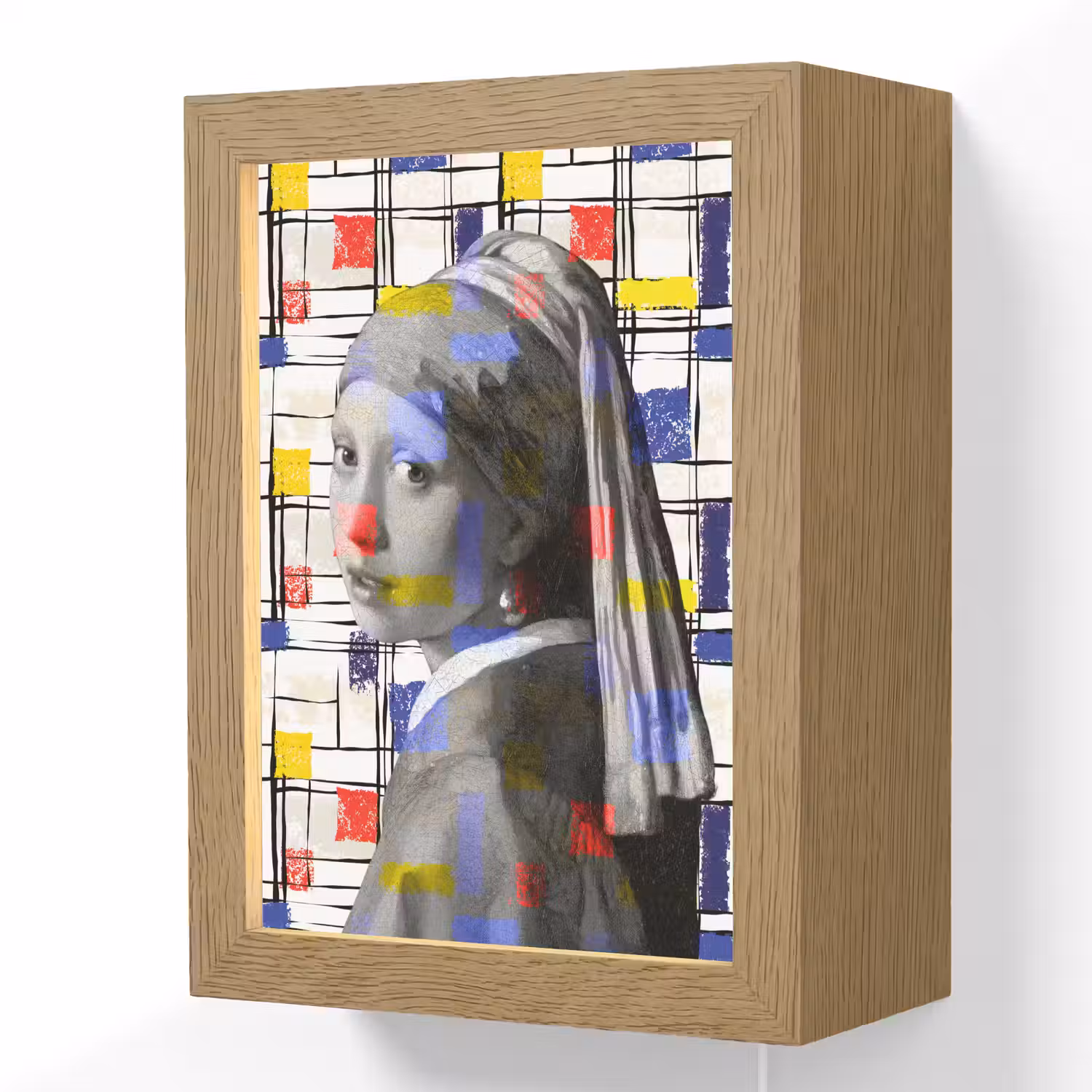 Mondriaan - Meisje met de parel - Collage Light Box met kabel (Wandlamp) klein -3d