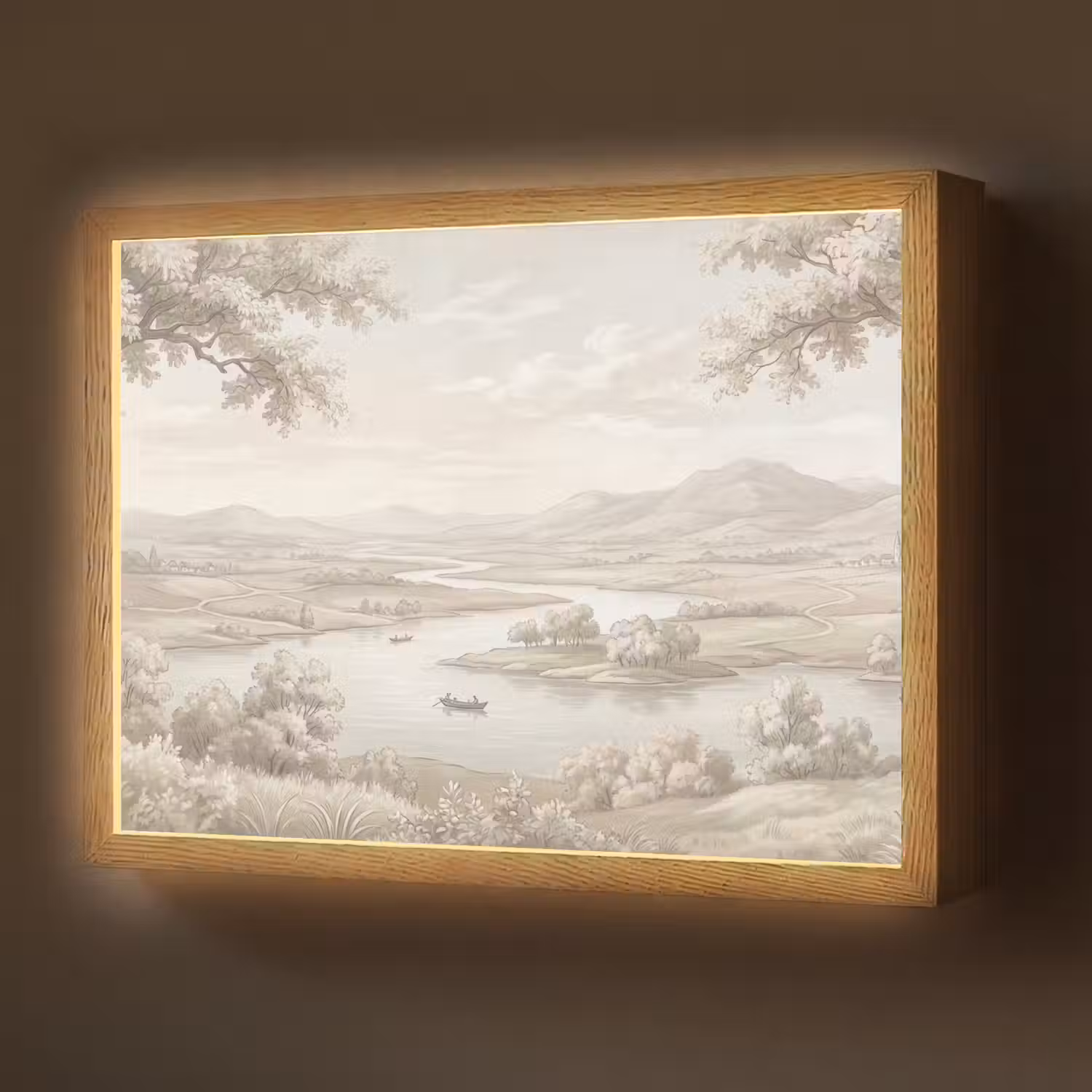 Rivierlandschap - Bergen - Natuur - Vintage - Beige Light Box met batterij (Wandlamp) middel -z3d_website