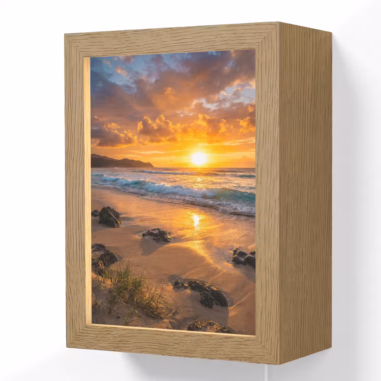 Strand - Zonsondergang - Golven - Natuur - Oranje Light Box met kabel (Wandlamp) klein -3d