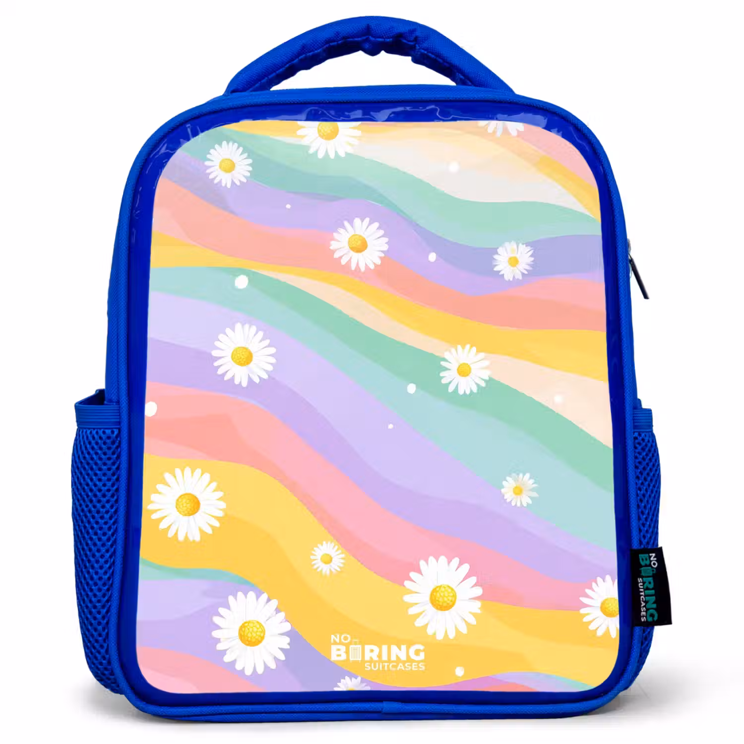 Madeliefjes op regenboogachtergrond Kinderrugzak - Blauw middel -3d