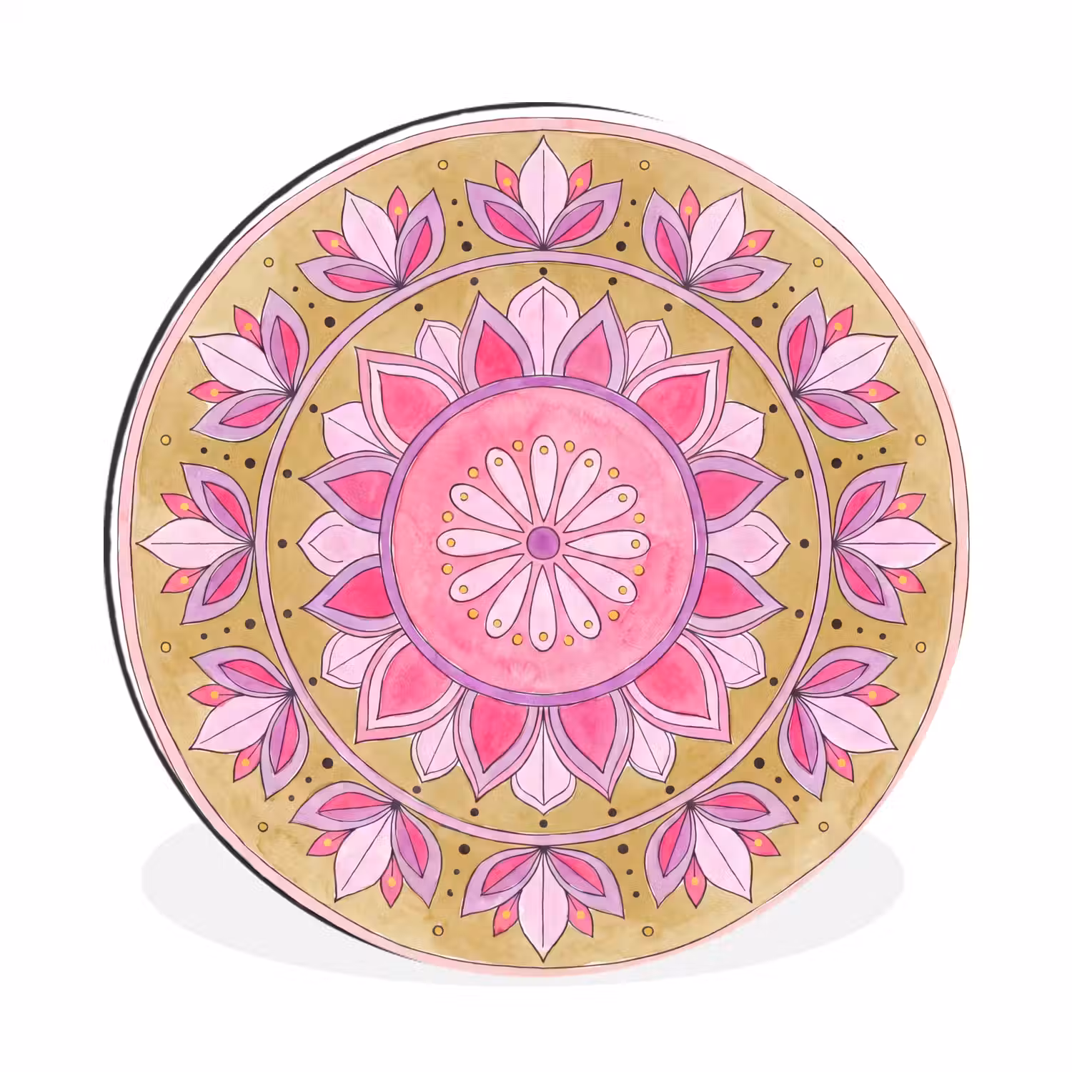 Mandala - Patroon - Kunst - Aquarel - Roze Wandcirkel aluminium klein -3d