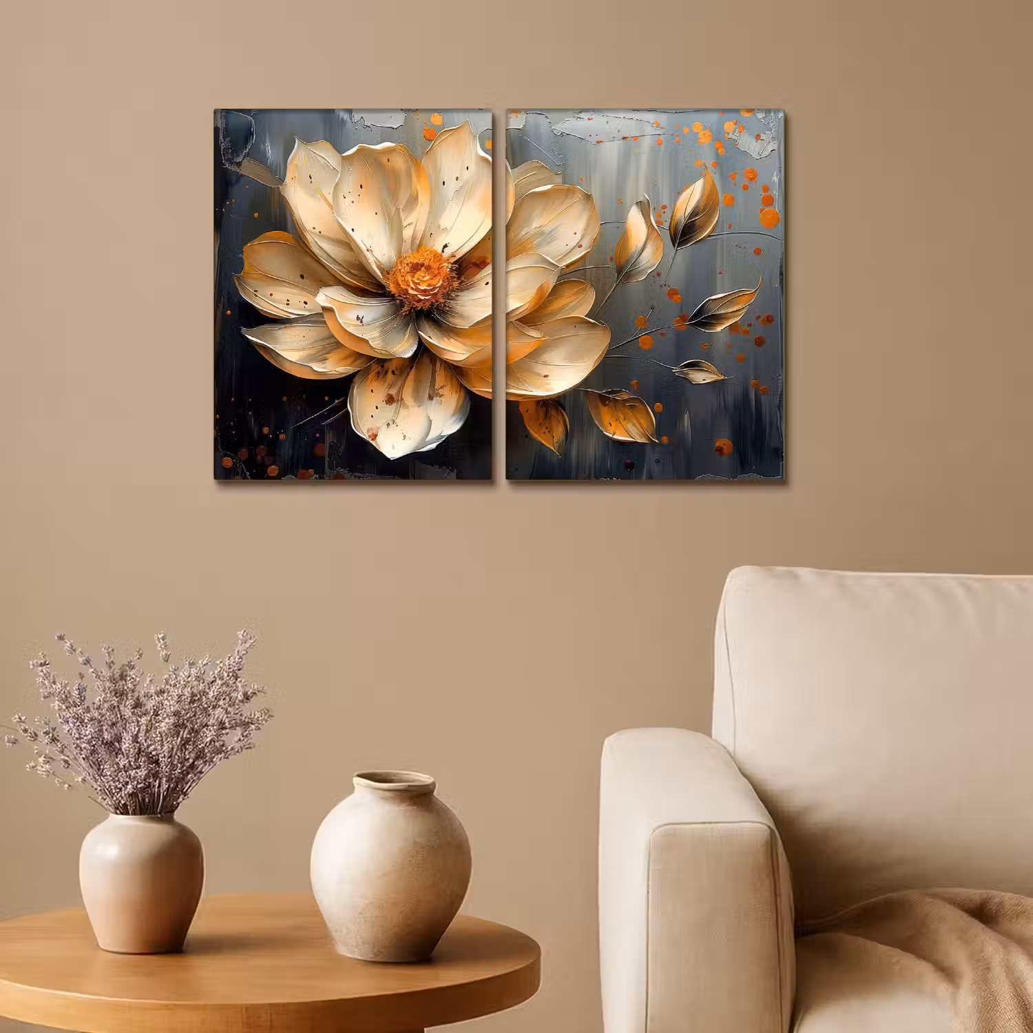 Bloem - Goud - Abstract - Verf Canvas - Meerluiken 2 luik klein -sfeer1