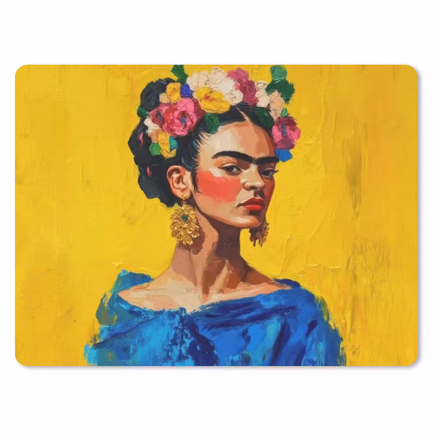 Frida Kahlo - Vrouw - Geel - Blauw - Bloemen muismat rubber klein -3d