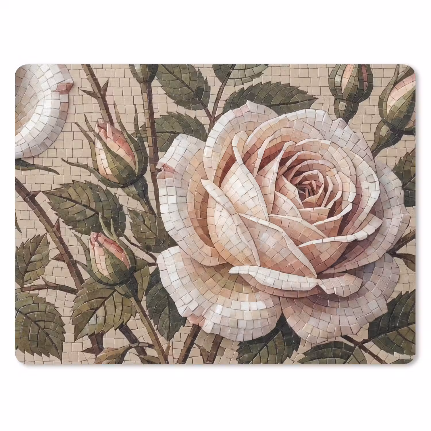 Roos - Mozaïek - Bloemen - Klassiek - Beige muismat rubber klein -3d
