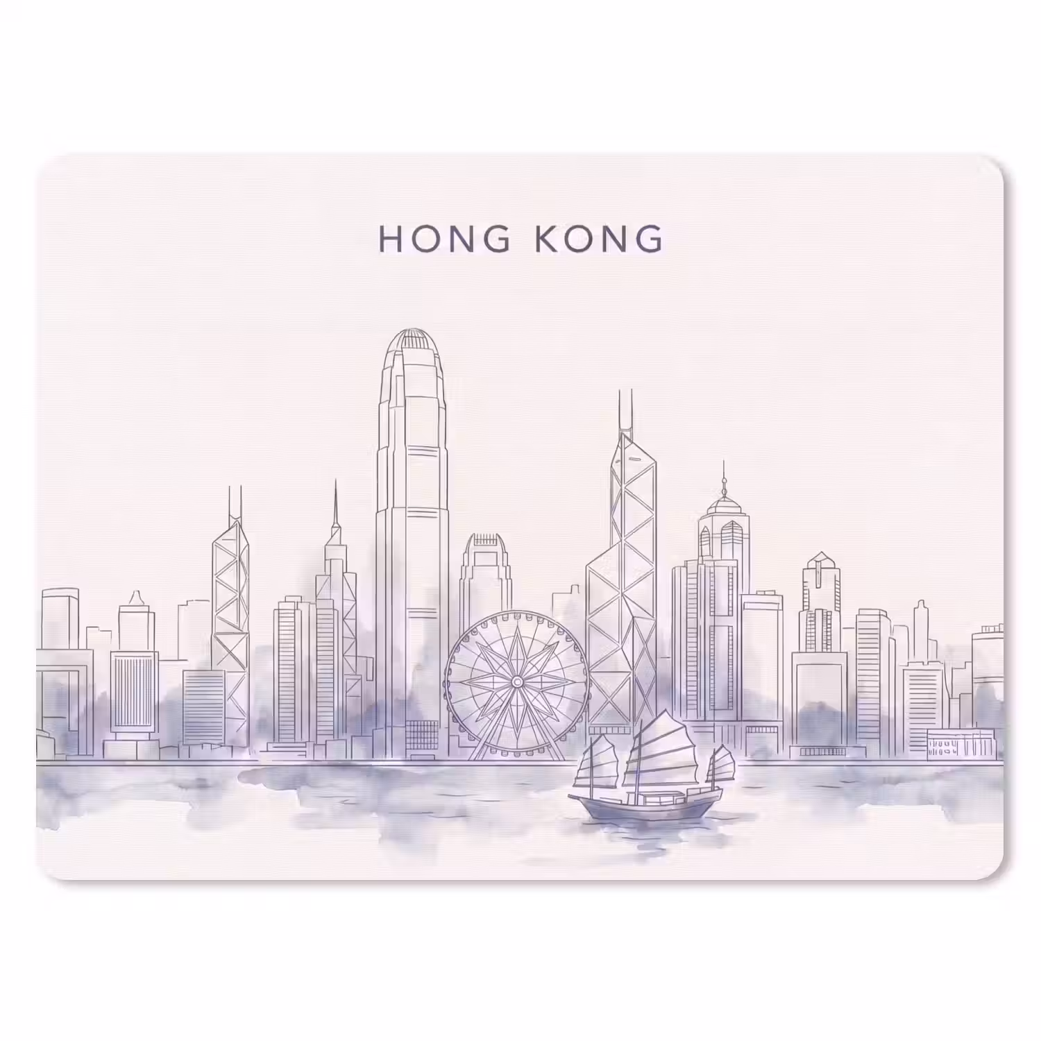 Stad - Skyline - Water - Lijntekening - Blauw muismat rubber klein -3d