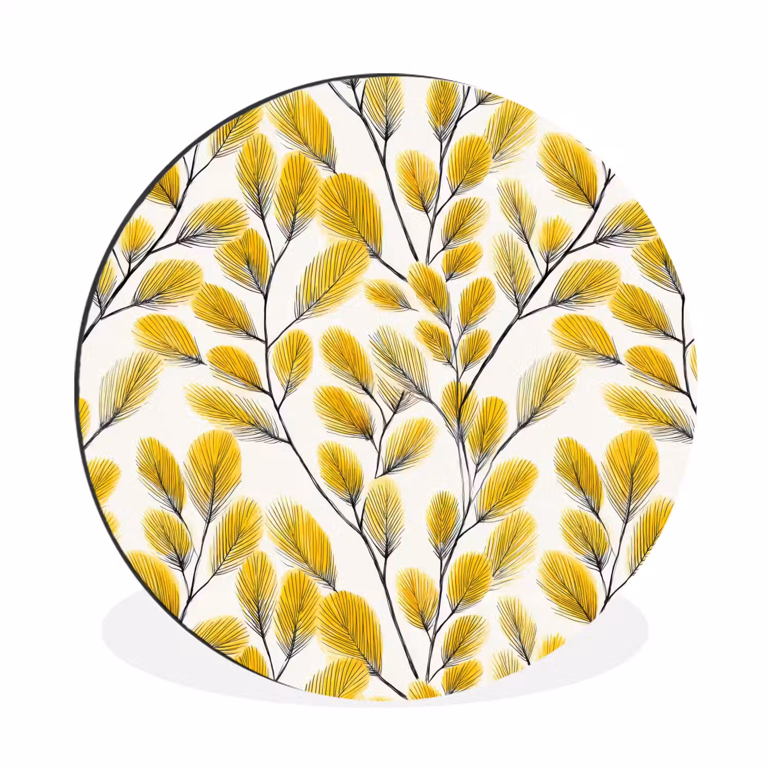 Bladeren - Botanisch - Elegant - Geel - Zwart Wandcirkel aluminium klein 190 -3d