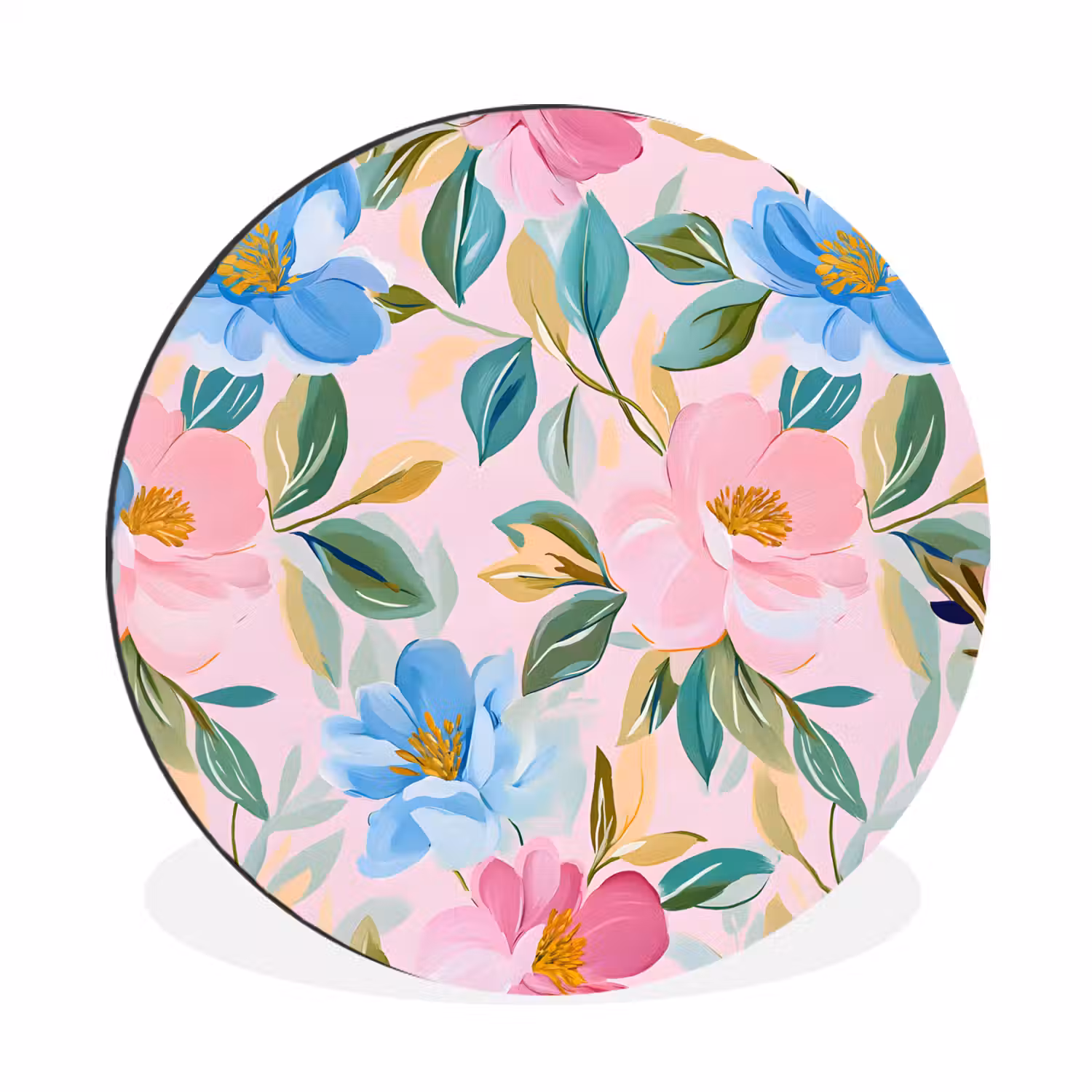 Blauw - Roze - Bloemen Wandcirkel aluminium klein -3d