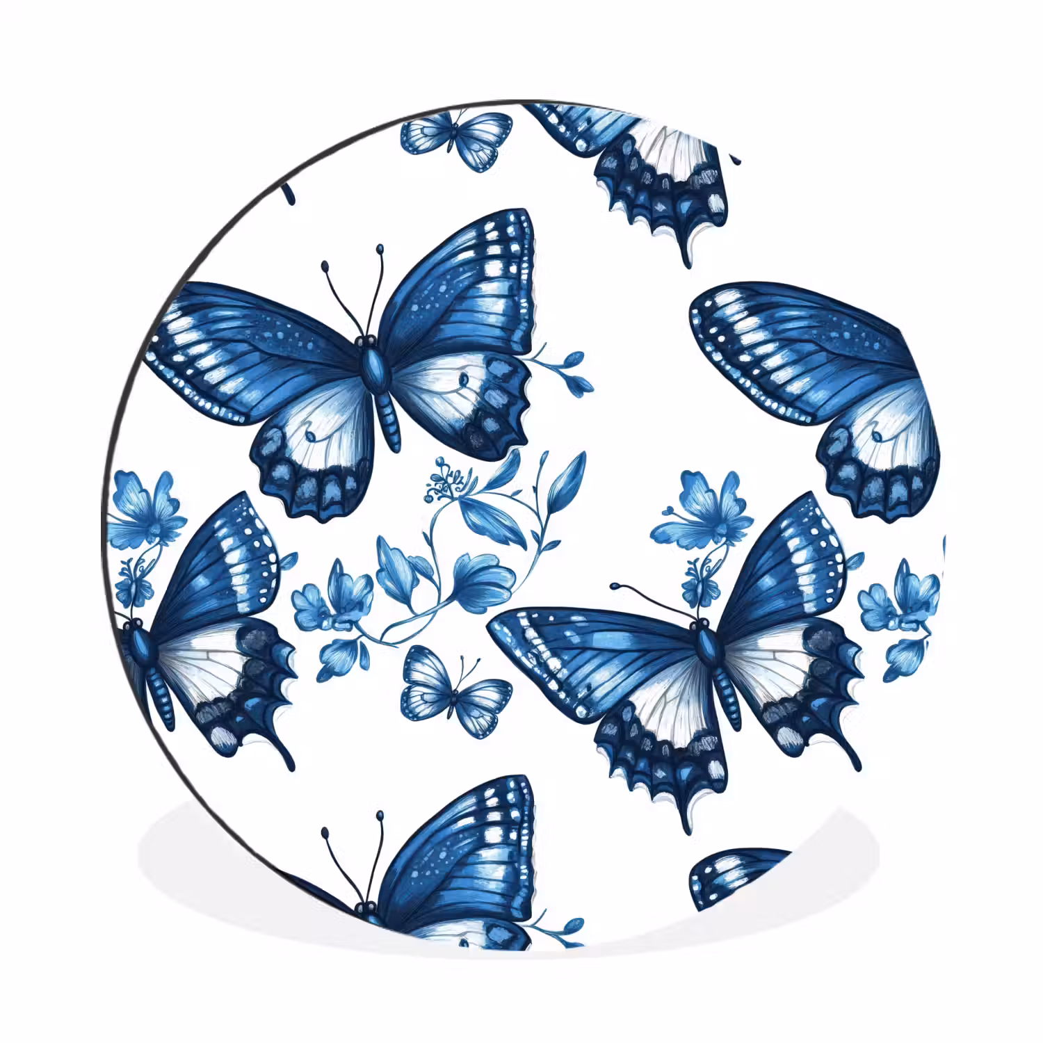 Blauw - Vlinders - Bloemen - Wit Wandcirkel aluminium klein 190 -3d