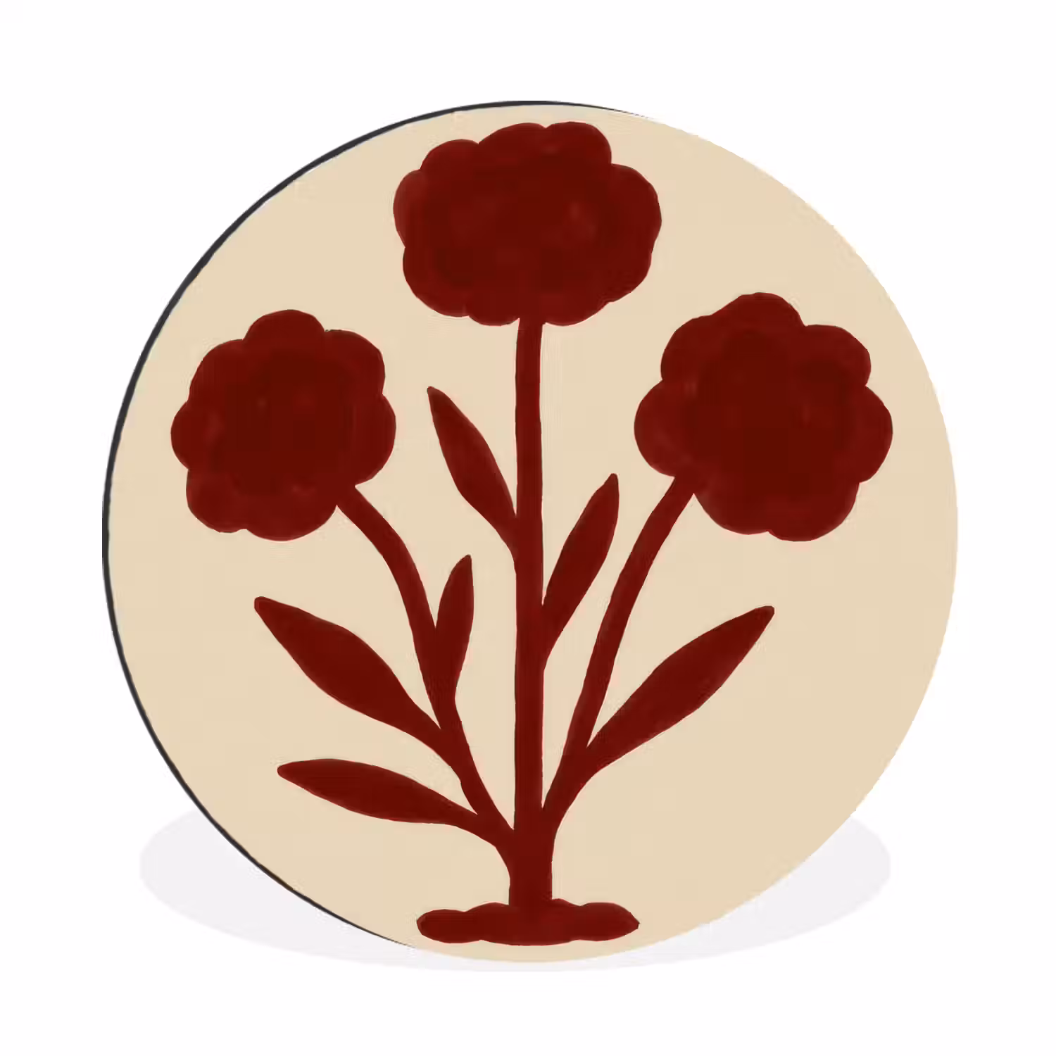 Bloemen - Bladeren - Rood - Minimalistisch Wandcirkel aluminium klein -3d