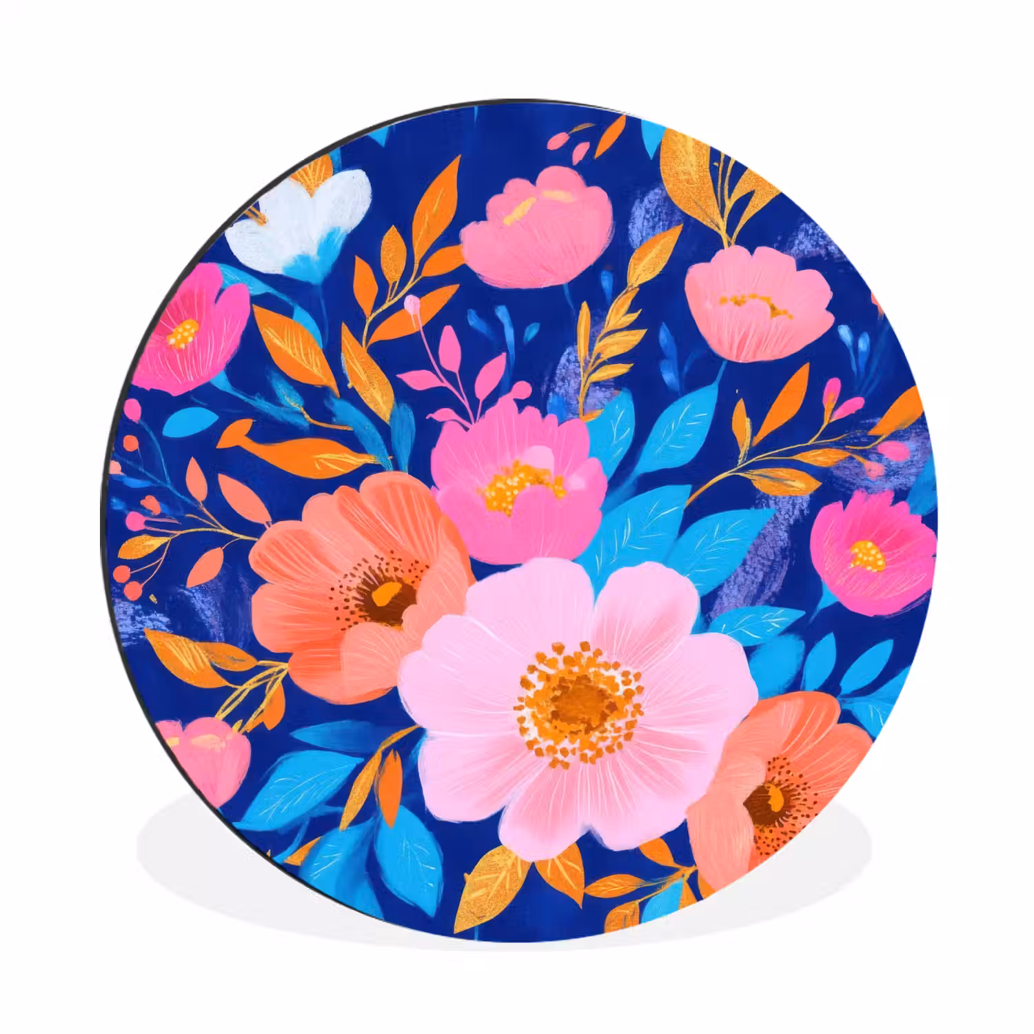 Bloemen - Blauw - Roze Wandcirkel aluminium klein -3d
