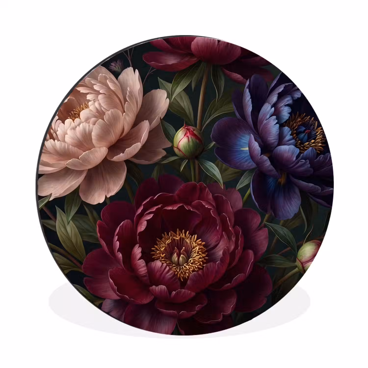 Bloemen - Boeket - Natuur - Modern - Donker Wandcirkel aluminium klein -3d