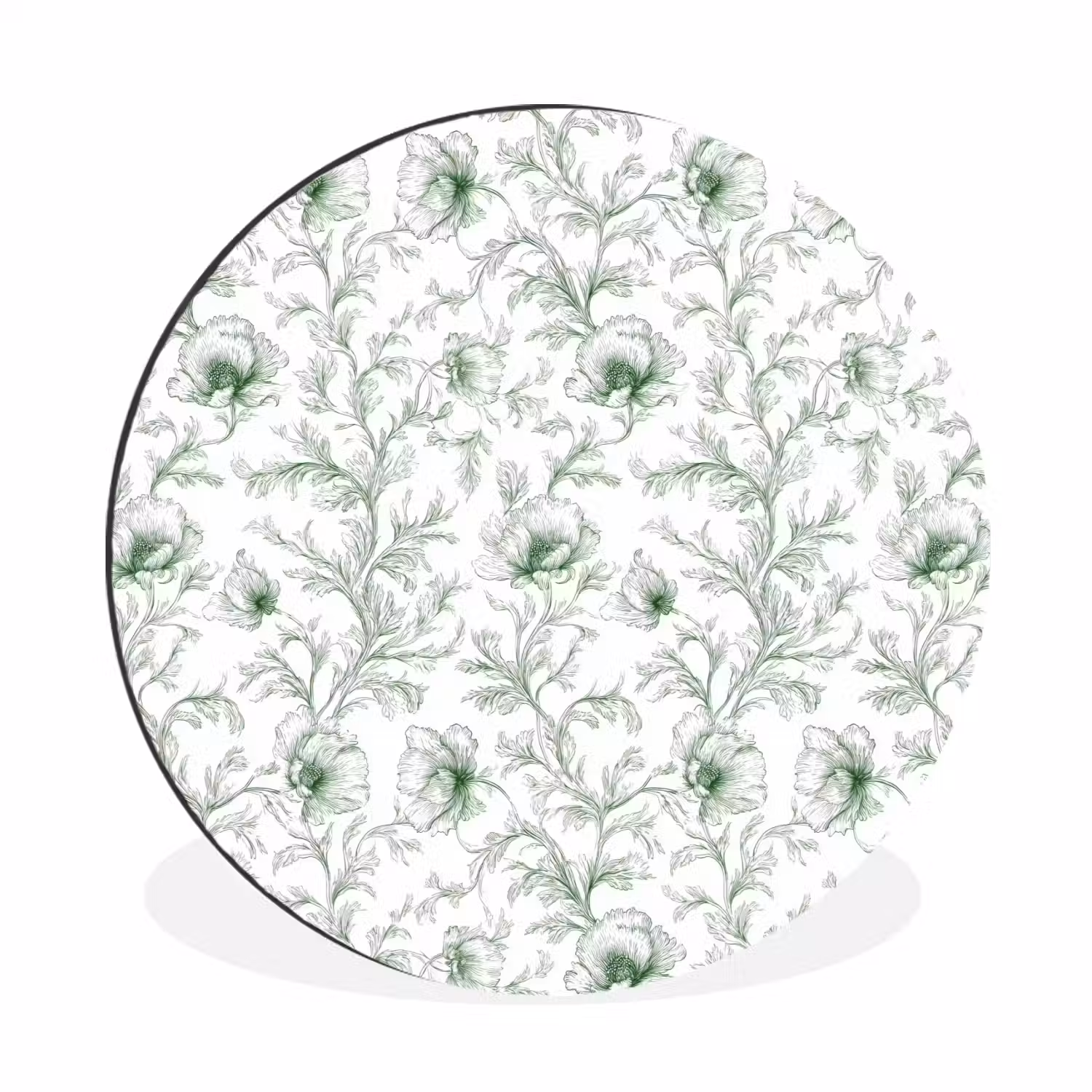 Bloemen - Getekend - Groen Wandcirkel aluminium klein 190 -3d